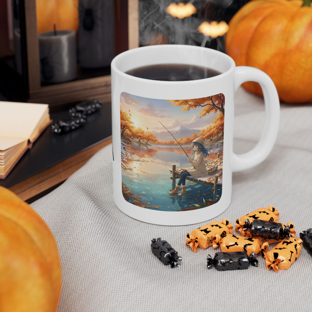 Cozy Anime Girl Joyful Fishing Lake Adventure White Ceramic Mug — Scenic Autumn Aesthetic Mountain Landscape Tea Cup (11oz/15oz)