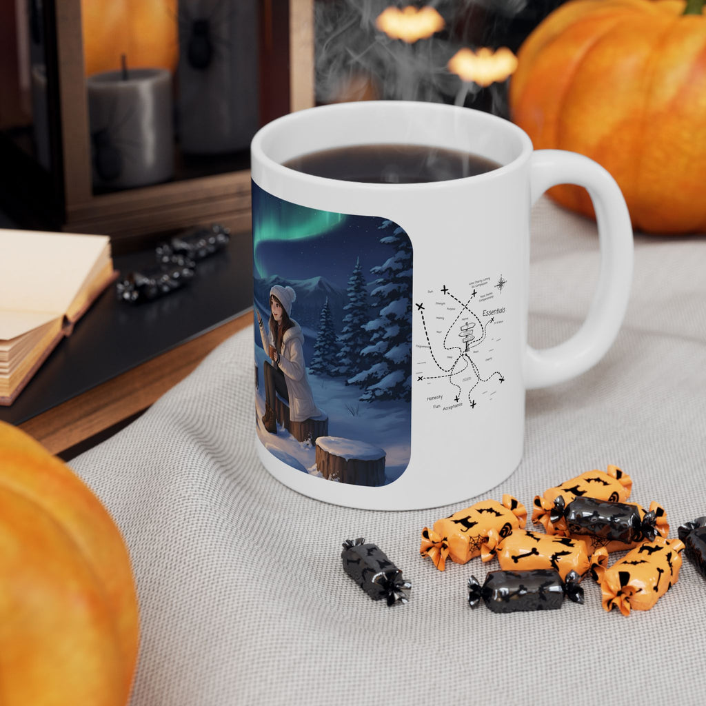 Cozy Aurora Borealis Friends Under The Northern Lights White Ceramic Mug — Starry Wintry Night Sky & World Map To Explore Cup (11oz, 15oz)