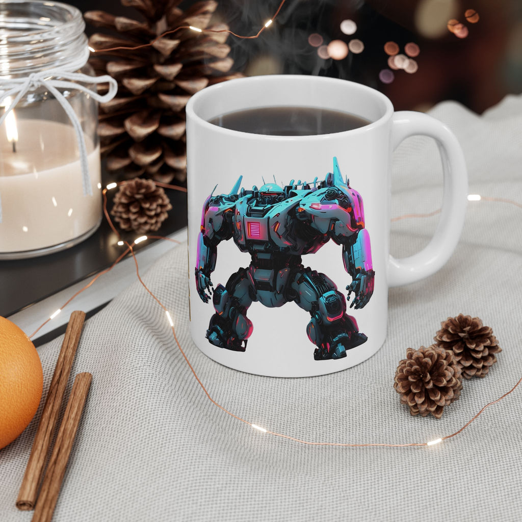 'The Meks' Sci‑Fi Mech Robot #7 White Ceramic Mug (11oz & 15oz), Retro Cyberpunk Tea Cup