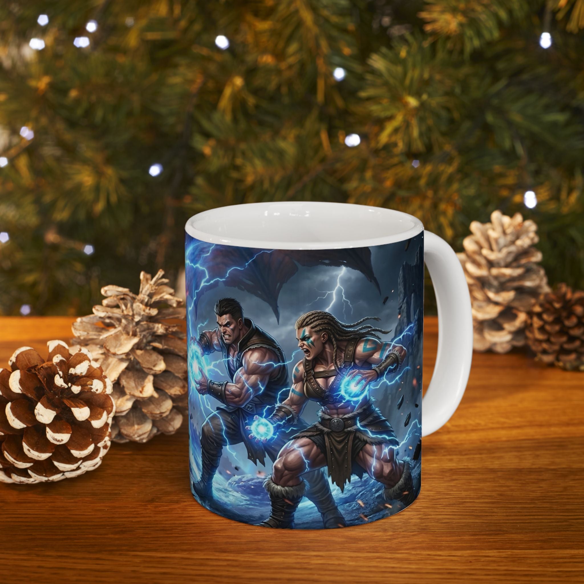Dragon Battle #4 White Ceramic Mug — Epic Fantasy Gaming Adventure Scene (11oz, 15oz)