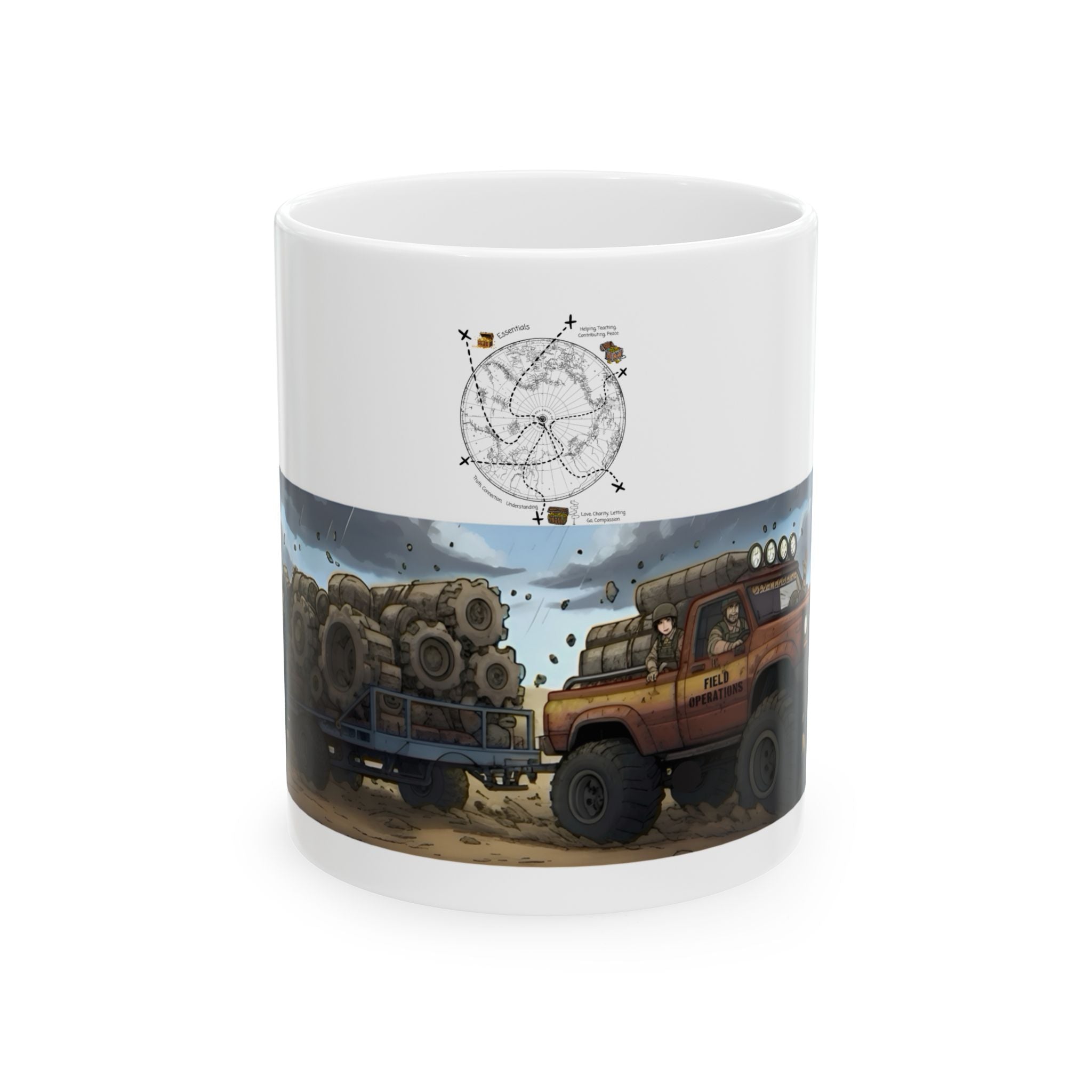 Adventure Trucks #3, Army Field Operation White Ceramic Mug — Find Your Path To The Essentials Cup (11oz & 15oz)