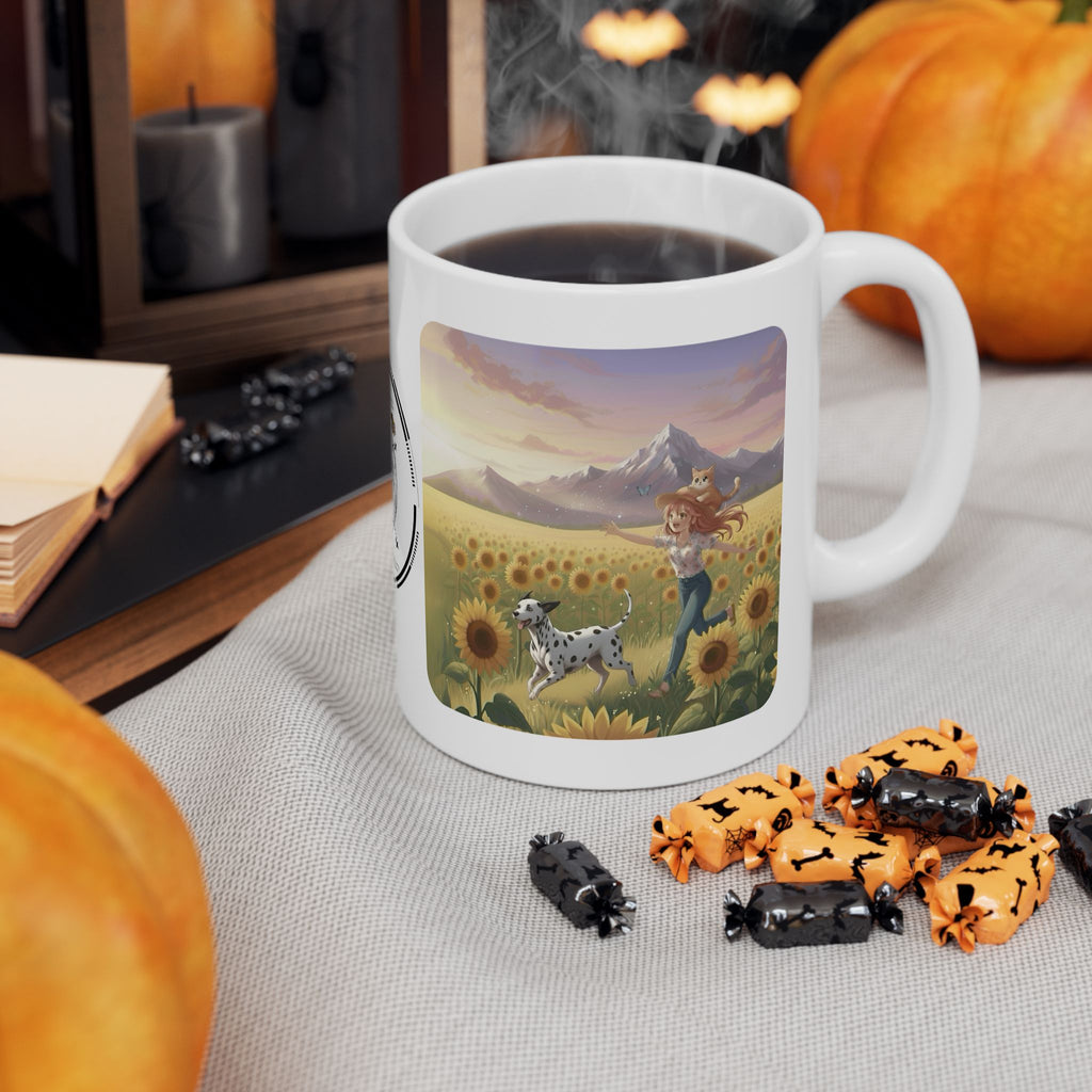Dalmatian Dog Orange Cat Sunset & Sunflower White Ceramic Mug — Peaceful Waves Anime Girl Boho Beach Vibes Cup (11oz, 15oz)