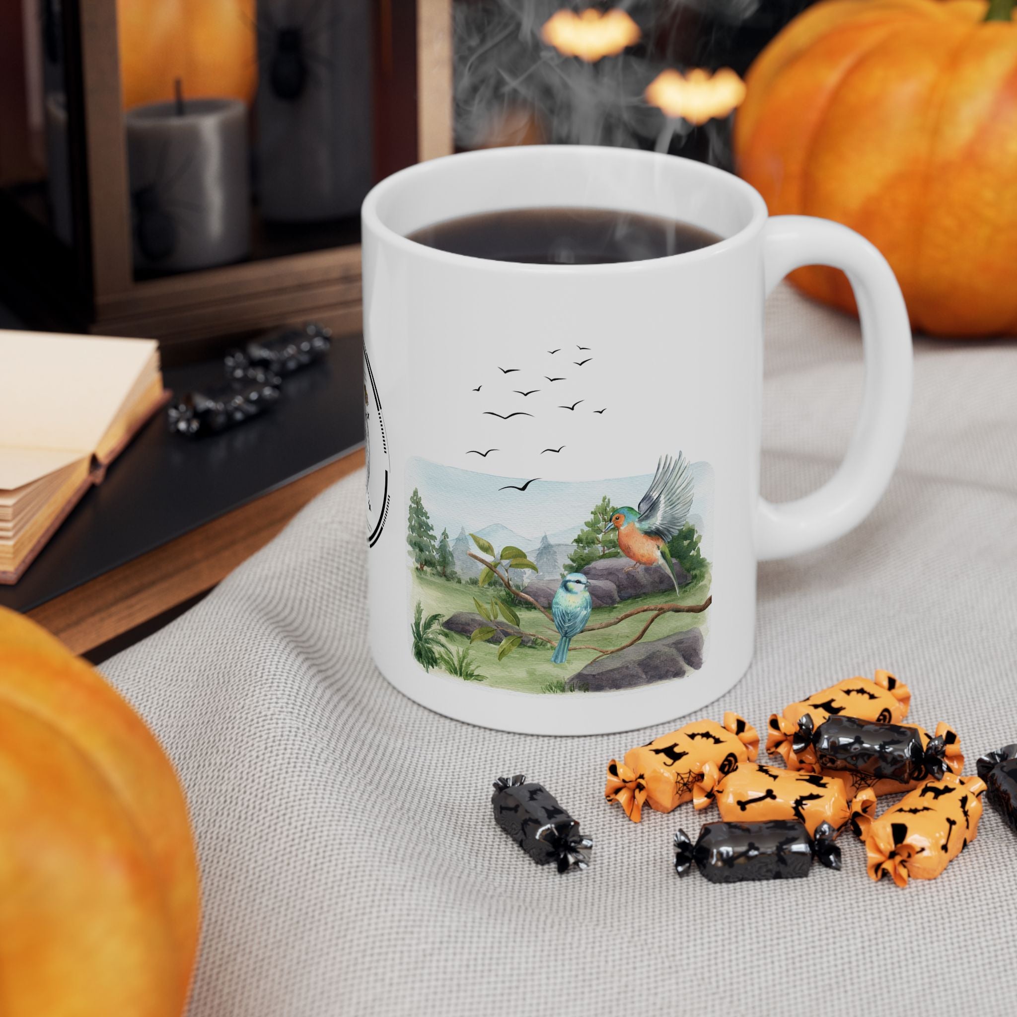 Joy of Life Tranquil Morning White Ceramic Mug — Serene Wilderness Lake Cup (11oz/15oz)