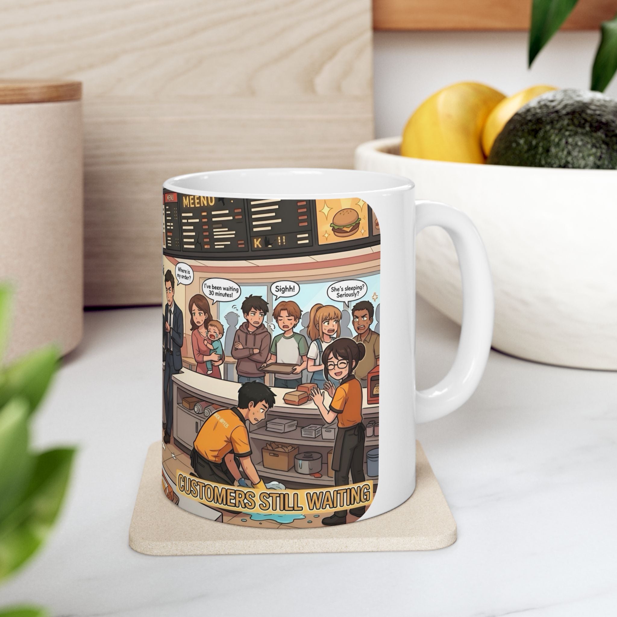 Funny Fast-Food Shift White Ceramic Mug – “Worst Nightmares” Comic Cafe Cup (11oz/15oz)