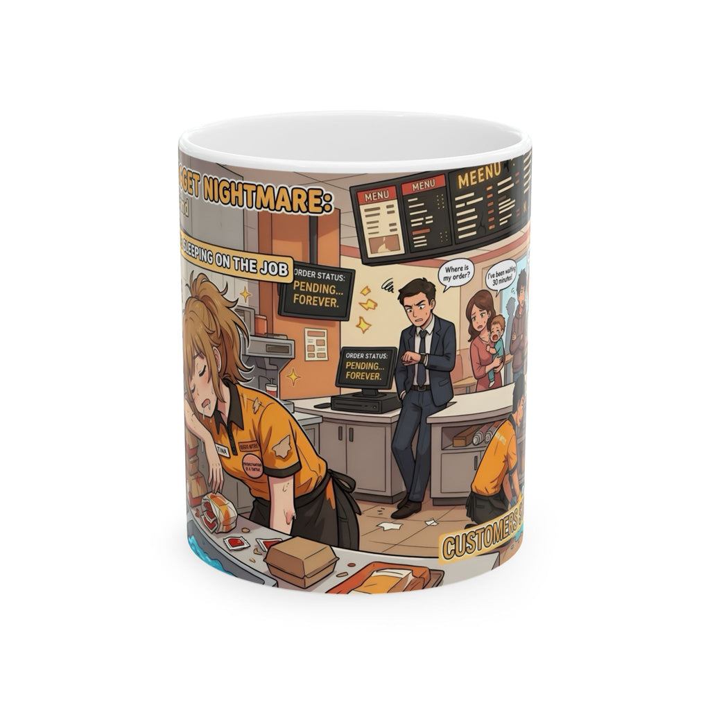 Funny Fast-Food Shift White Ceramic Mug – “Worst Nightmares” Comic Cafe Cup (11oz/15oz)