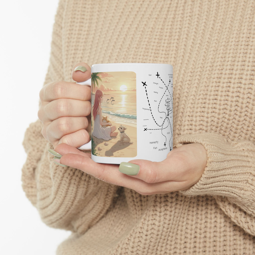 West Highland Terrier Dog, Siamese and Tabby Cats Coastal Decor White Ceramic Mug, Cozy Tropical Seascape Anime Girl Sunset Cup (11oz, 15oz)