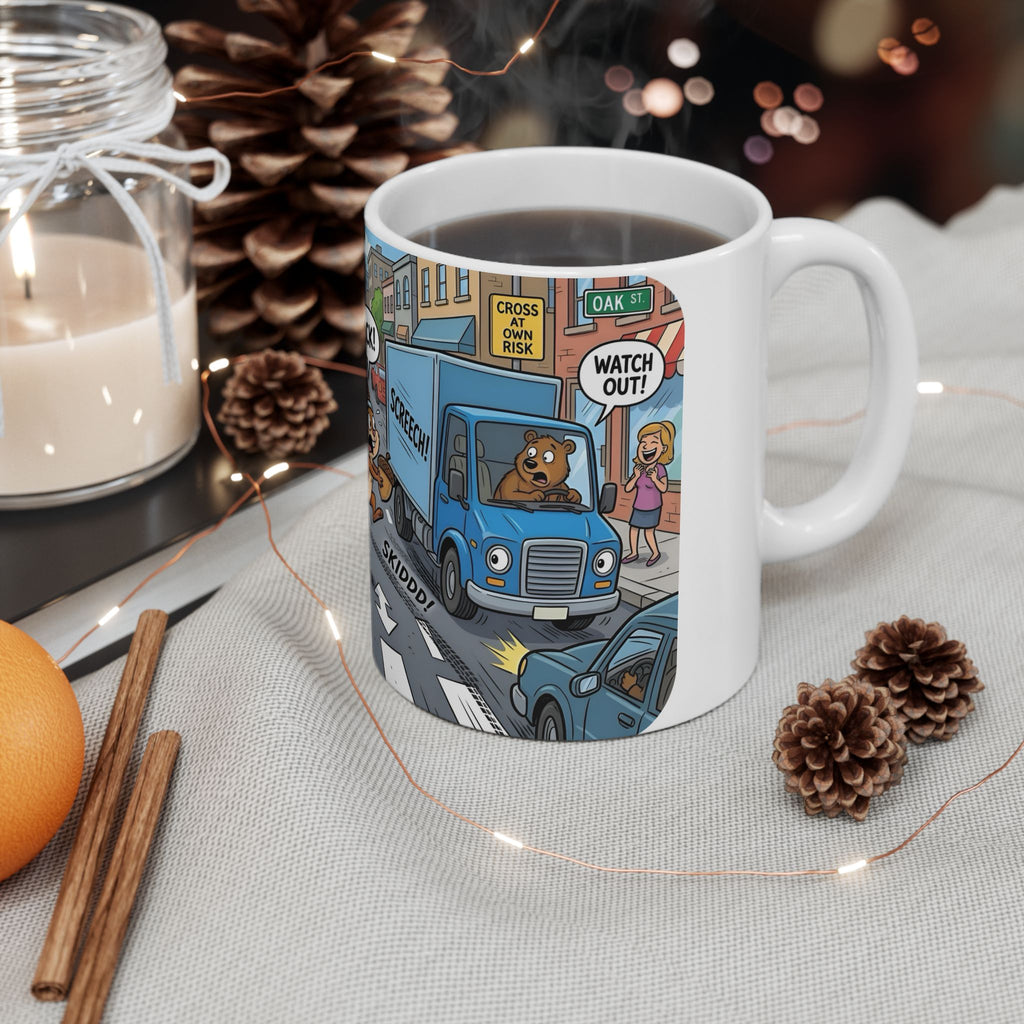 Nutsy's Crossy Road White Ceramic Mug – Adventurous Squirrel Crossing Cup (11oz/15oz)