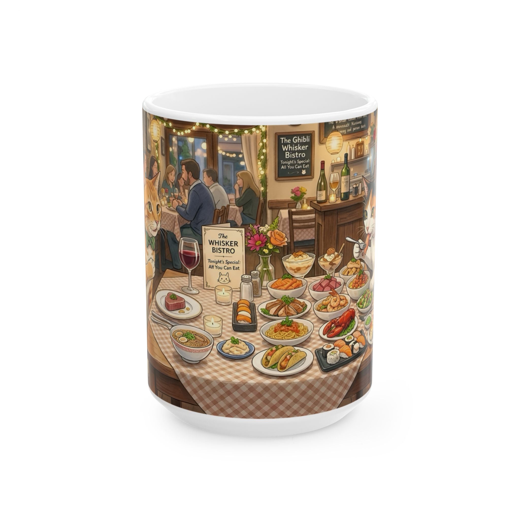 Cat Ghibli Whisker Bistro White Ceramic Mug — Cozy Feline Tapas Cafe Cup (11oz/15oz)