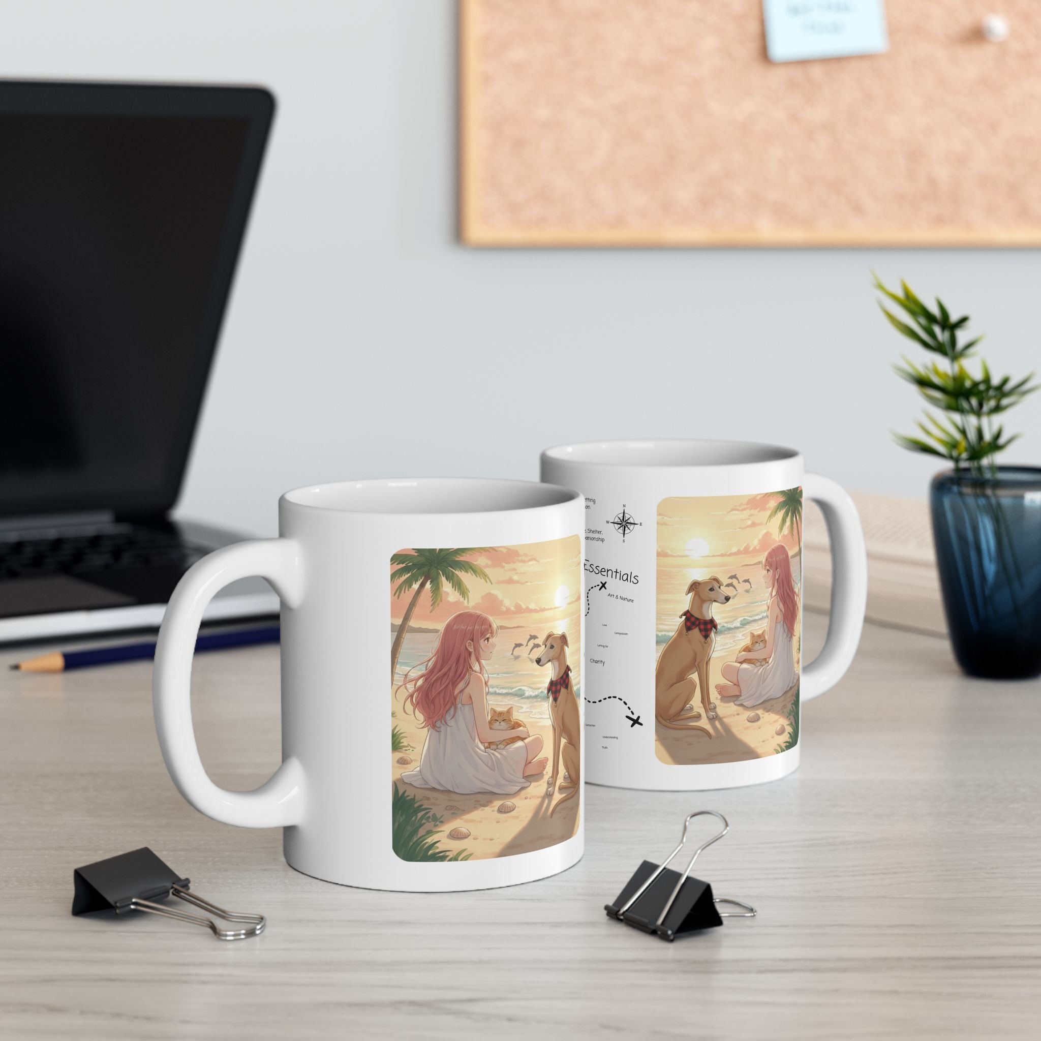 Dreamy Whippet Greyhound Dog & Orange Cat Tropical Seascape White Ceramic Mug, Cozy Owner and Pet Mom on Beach Cup (11oz, 15oz)