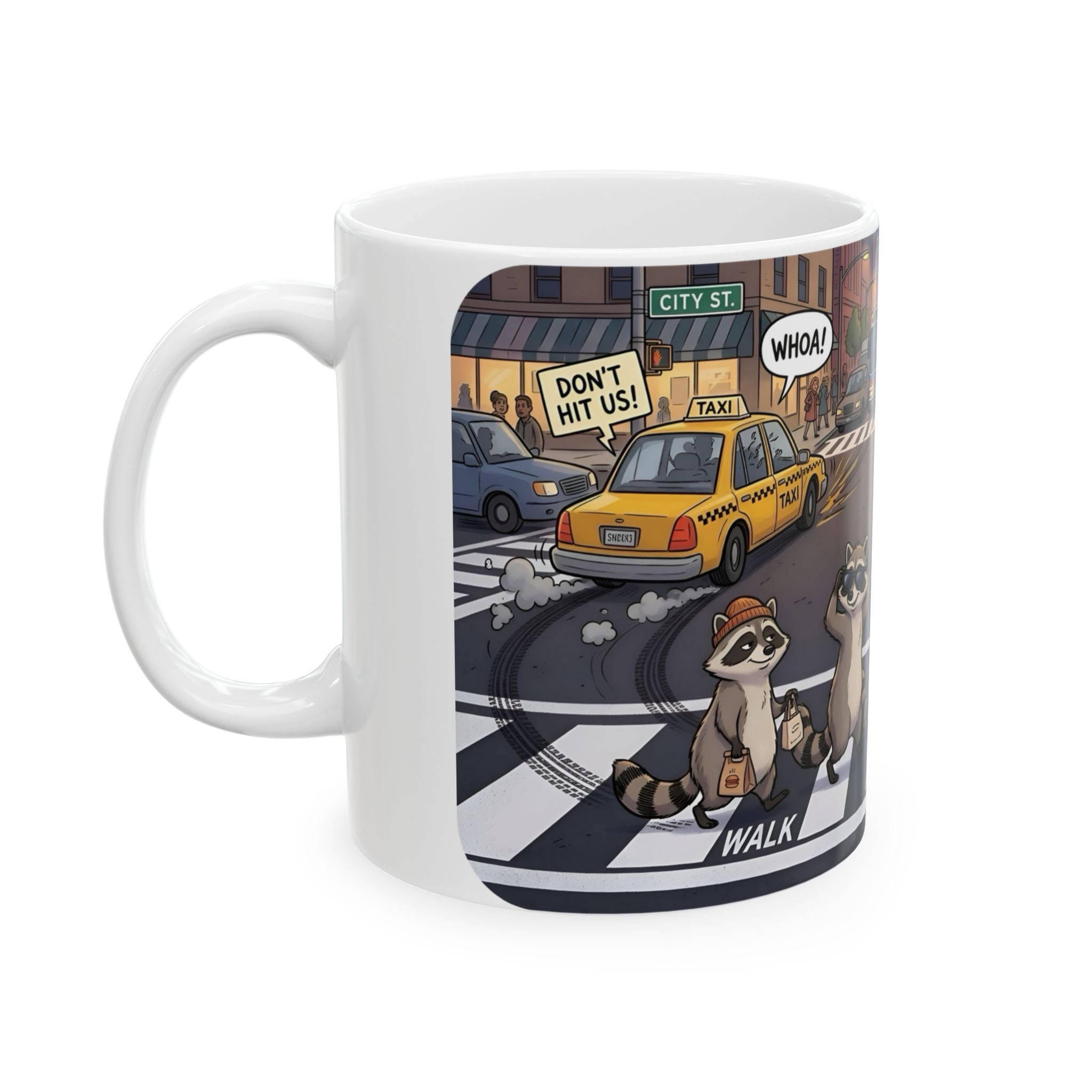 Raccoon Crosswalk White Ceramic Mug (11oz/15oz) – Cute Urban Wildlife Tea Cup