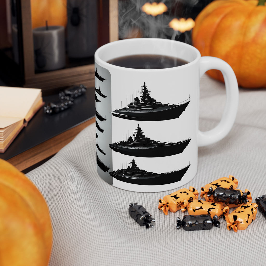 Tactical Battleship Silhouettes White Ceramic Mug — Naval Maritime Warships Cup (11oz & 15oz)