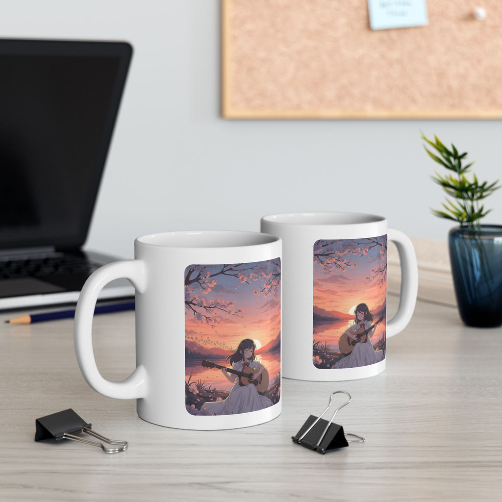 Little Melody Anime Sunset Reflections White Ceramic Mug — Scenic Cherry Blossom Mountain Lake Guitar Cup (11oz, 15oz)