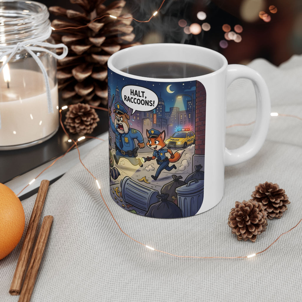 Rambunctious Ringtails White Ceramic Mug — Funny Raccoon Heist Night Scene Cup (11oz, 15oz)