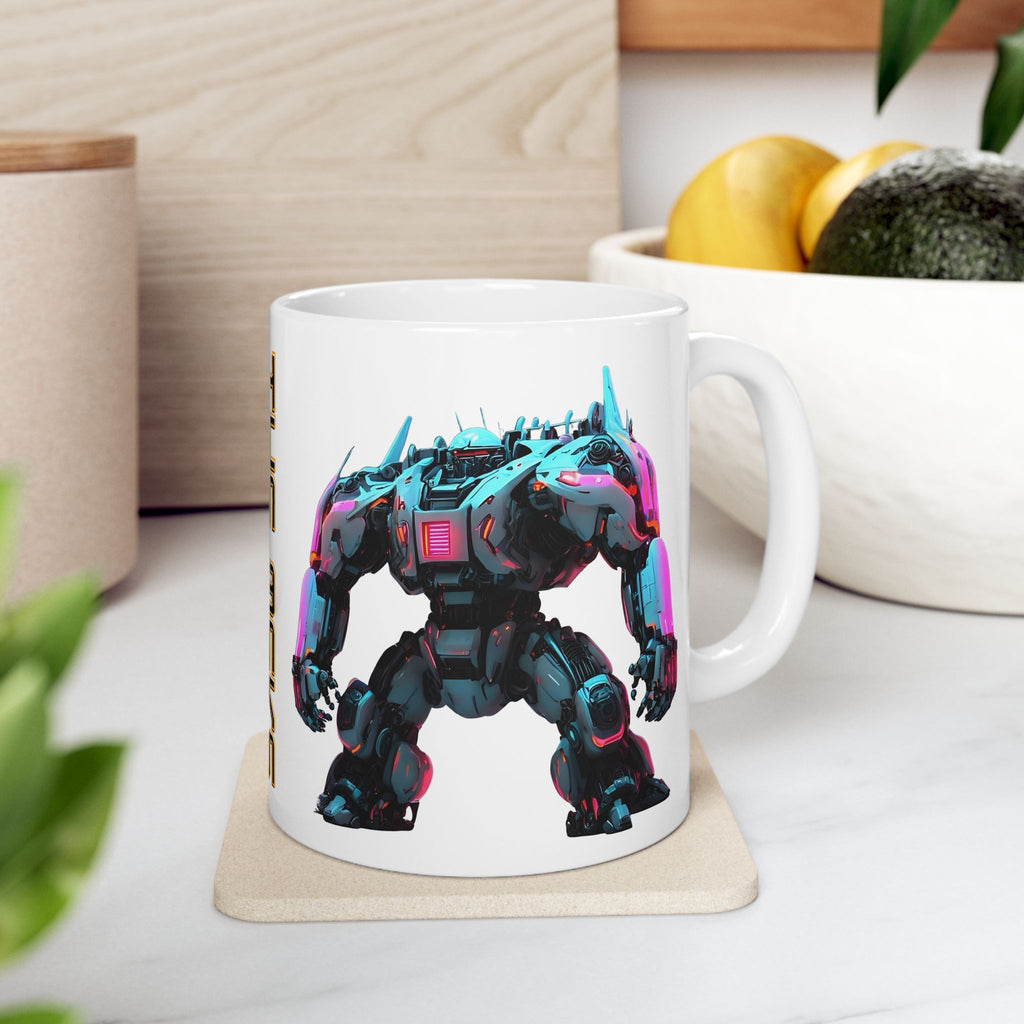 'The Meks' Sci‑Fi Mech Robot #7 White Ceramic Mug (11oz & 15oz), Retro Cyberpunk Tea Cup