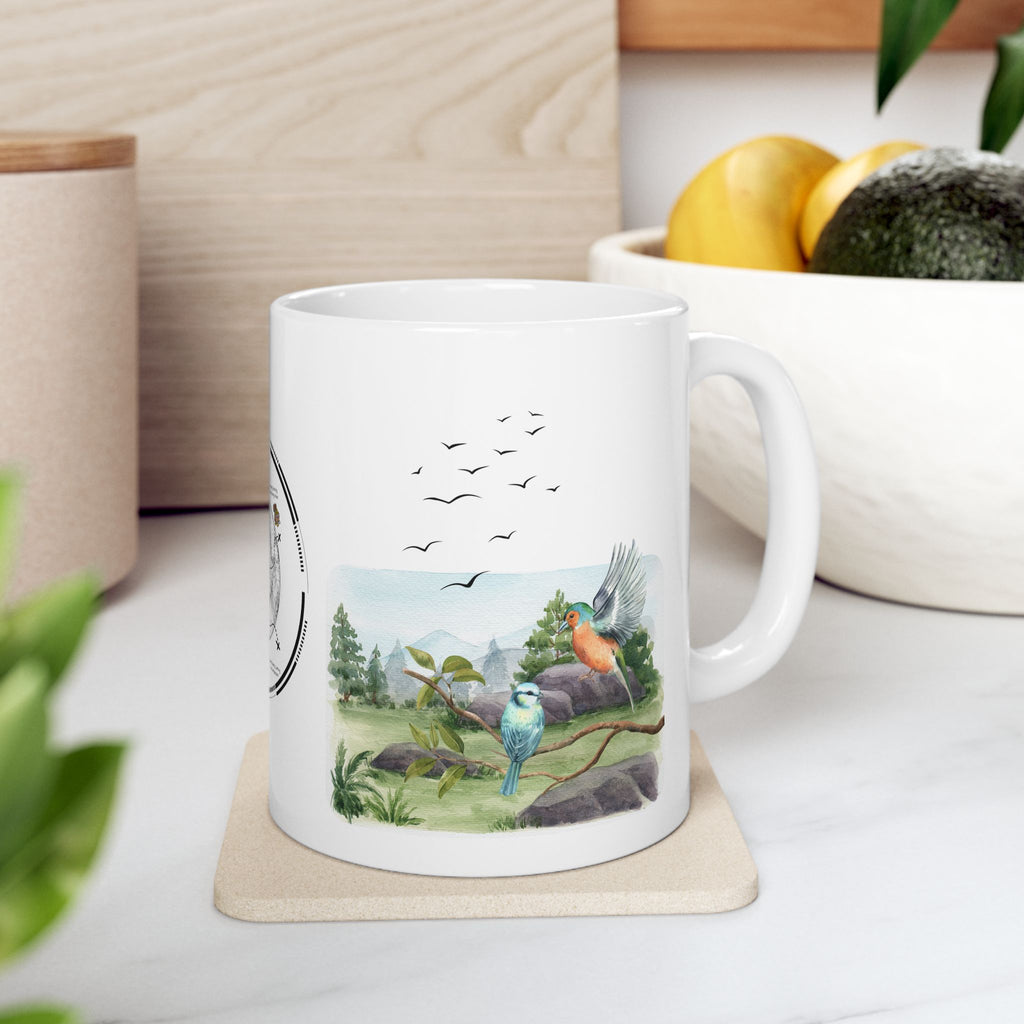 Joy of Life Tranquil Morning White Ceramic Mug — Serene Wilderness Lake Cup (11oz/15oz)