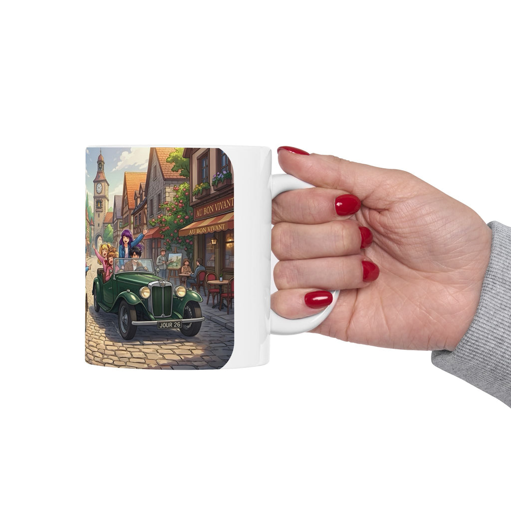 Vintage Village Roadtrip #1 White Ceramic Mug — Classic Cars & Happy Town Friends Cup (11oz, 15oz)