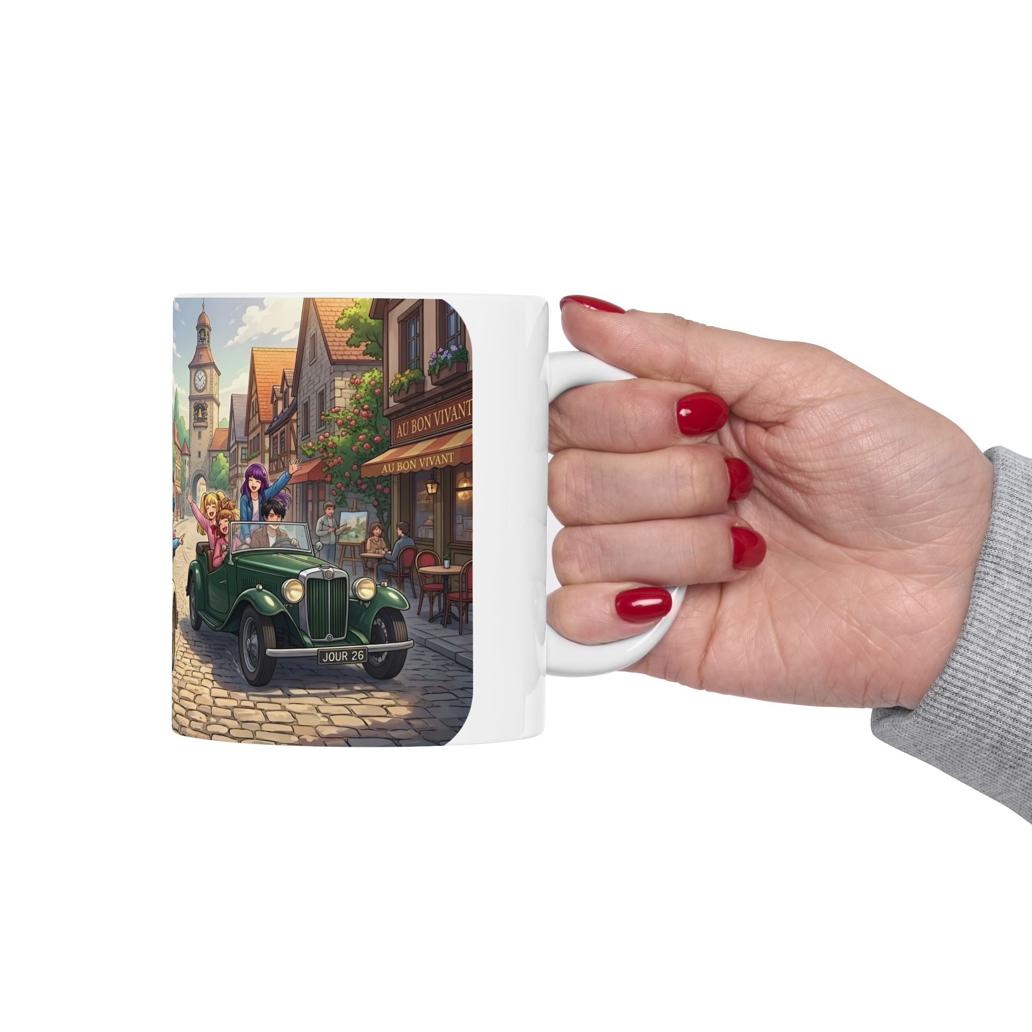 Vintage Village Roadtrip #1 White Ceramic Mug — Classic Cars & Happy Town Friends Cup (11oz, 15oz)