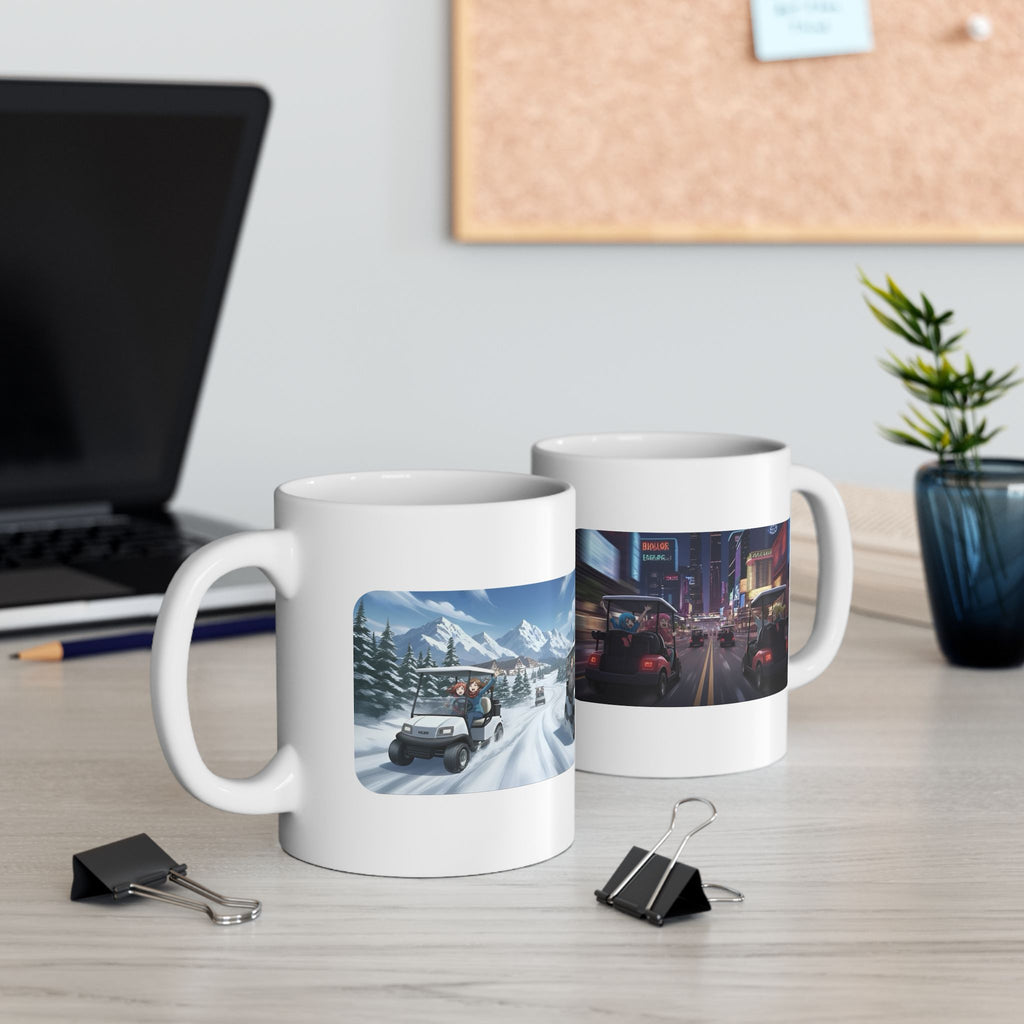 Anime Golf Cart Seasonal & City Adventures #8 White Ceramic Mug — Find Your Path To The Essentials Cup (11oz & 15oz)