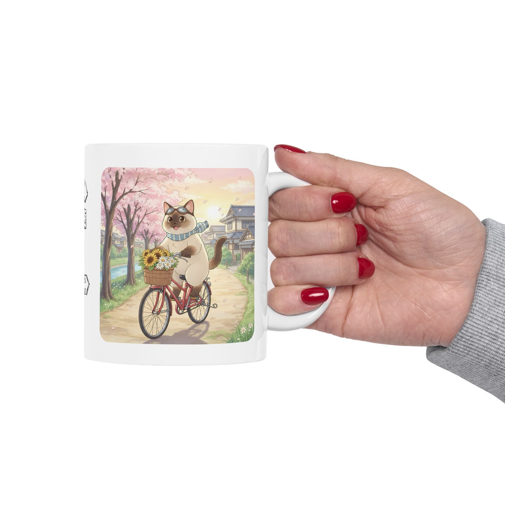 Kawaii Cats Riding Bikes in Sakura Japan White Ceramic Mug — Peaceful River Happy Paws Cup, 11o z & 15oz