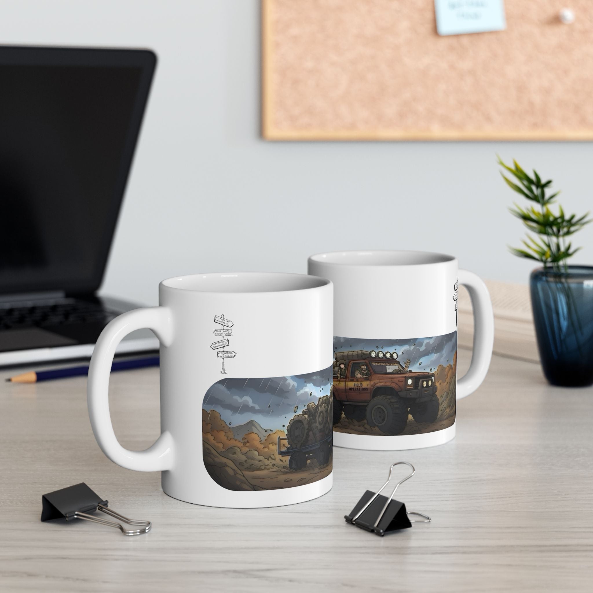 Adventure Trucks #3, Army Field Operation White Ceramic Mug — Find Your Path To The Essentials Cup (11oz & 15oz)