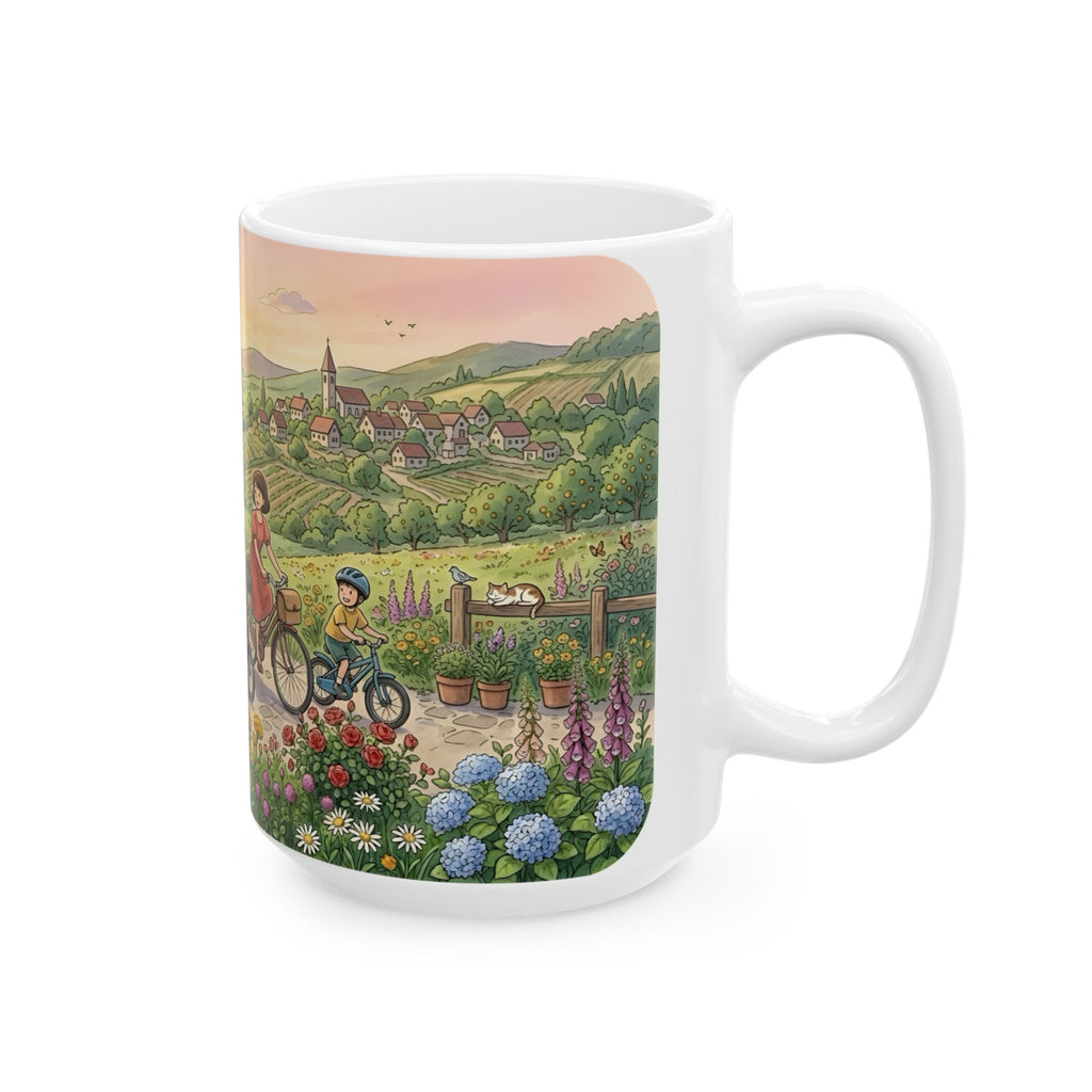 Scenic Family Bike Ride White Ceramic Mug – Countryside Morning Together Cup (11oz & 15oz)