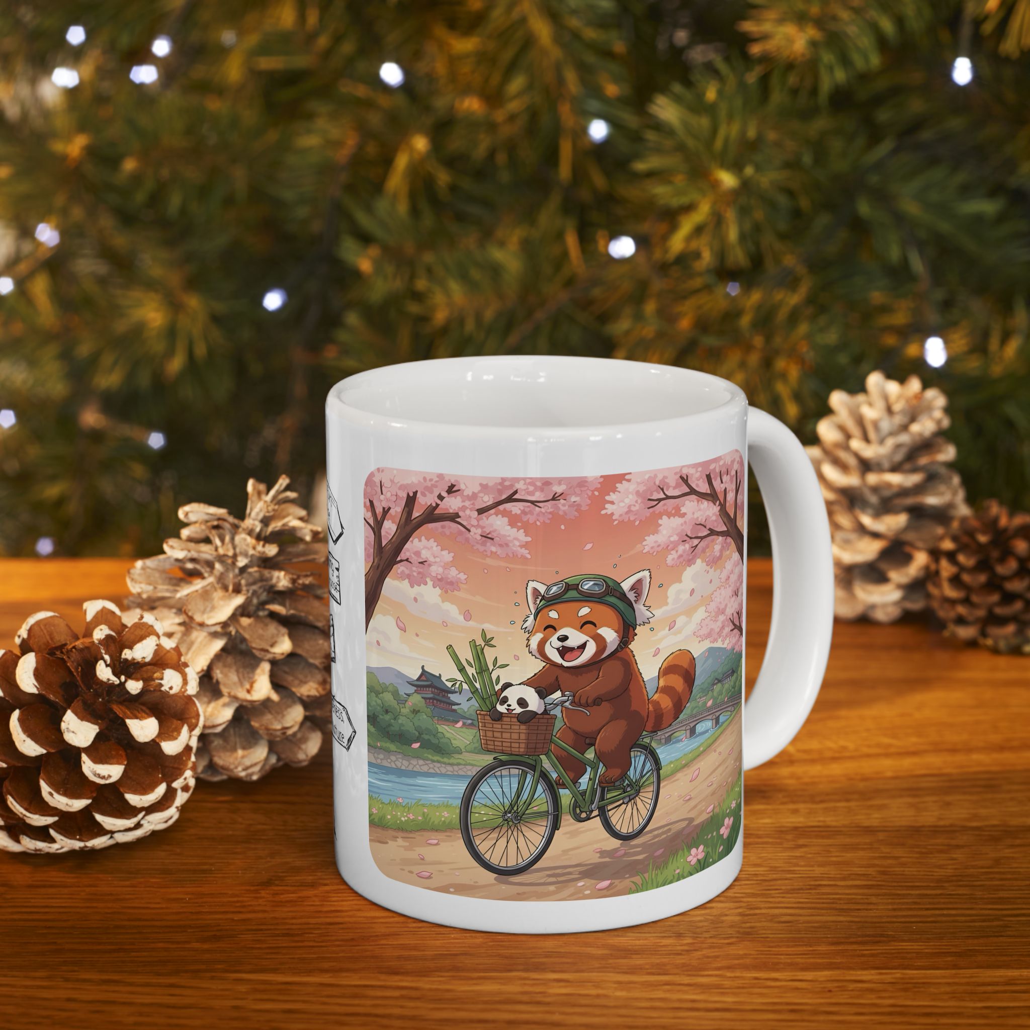Cozy Red Panda & Baby Panda in Sakura Japan White Ceramic Mug — Happy Panda Family Bicycle Cup, 11oz & 15oz