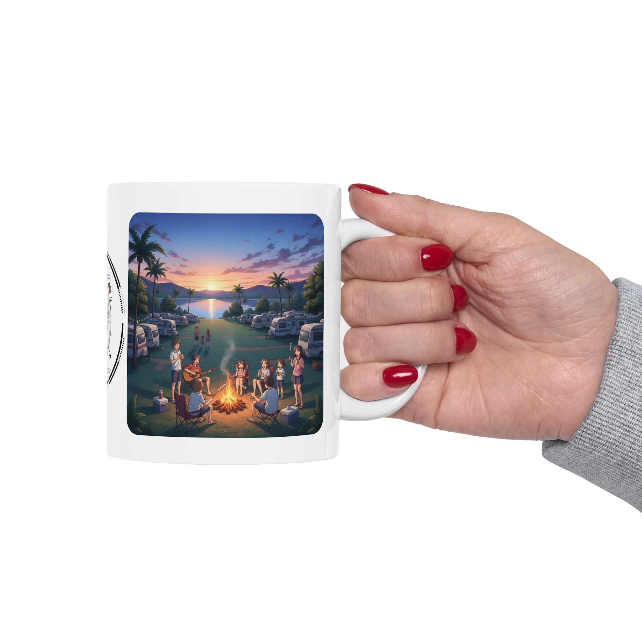 Cozy Sunset Lake Travel Adventure White Ceramic Mug — Vintage Map Compass & Tropical RV Roadtrip Cup (11oz/15oz)