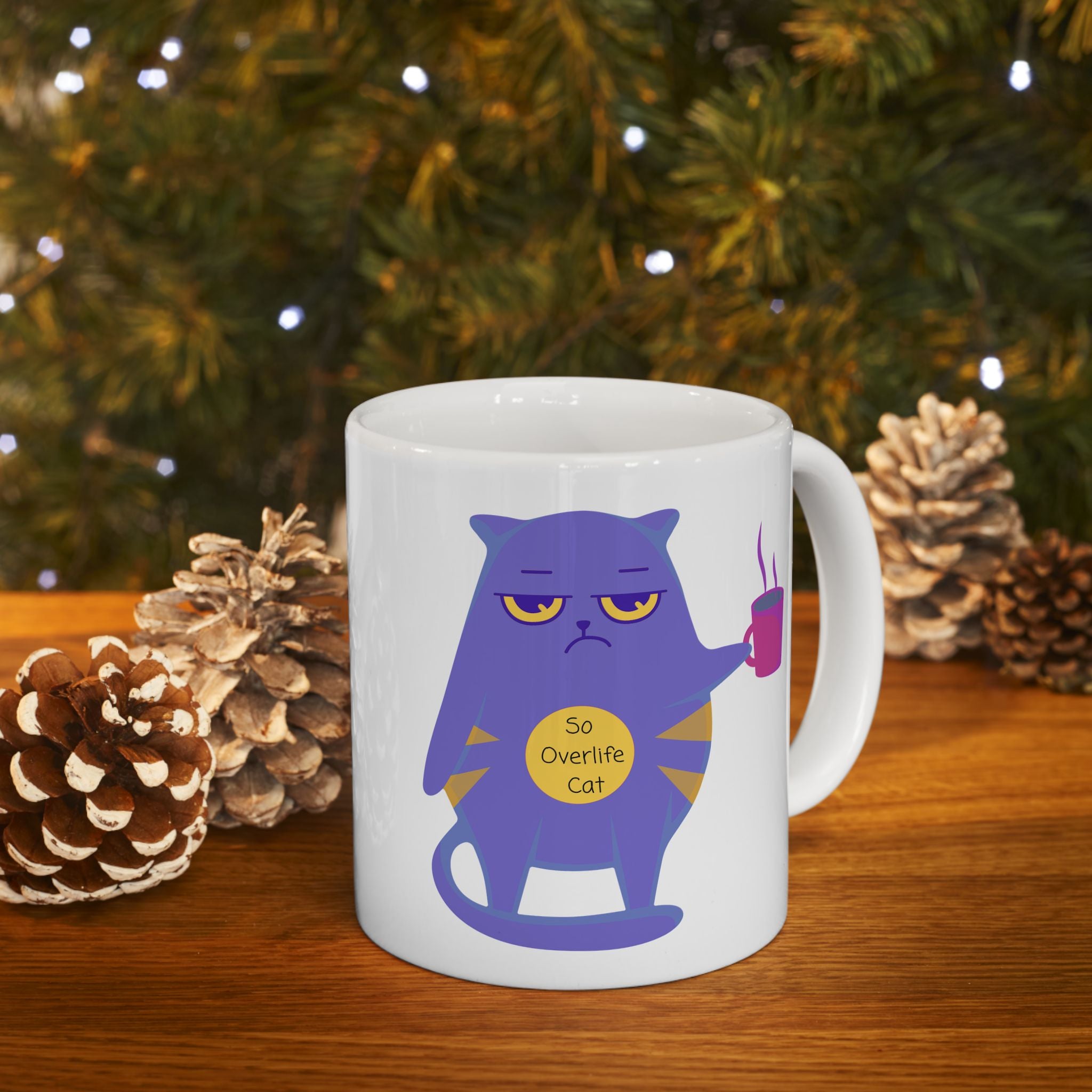 So OverLife Cat On A White Ceramic Mug 11oz & 15oz, Cute Kawaii Cat Holding Mug Cup