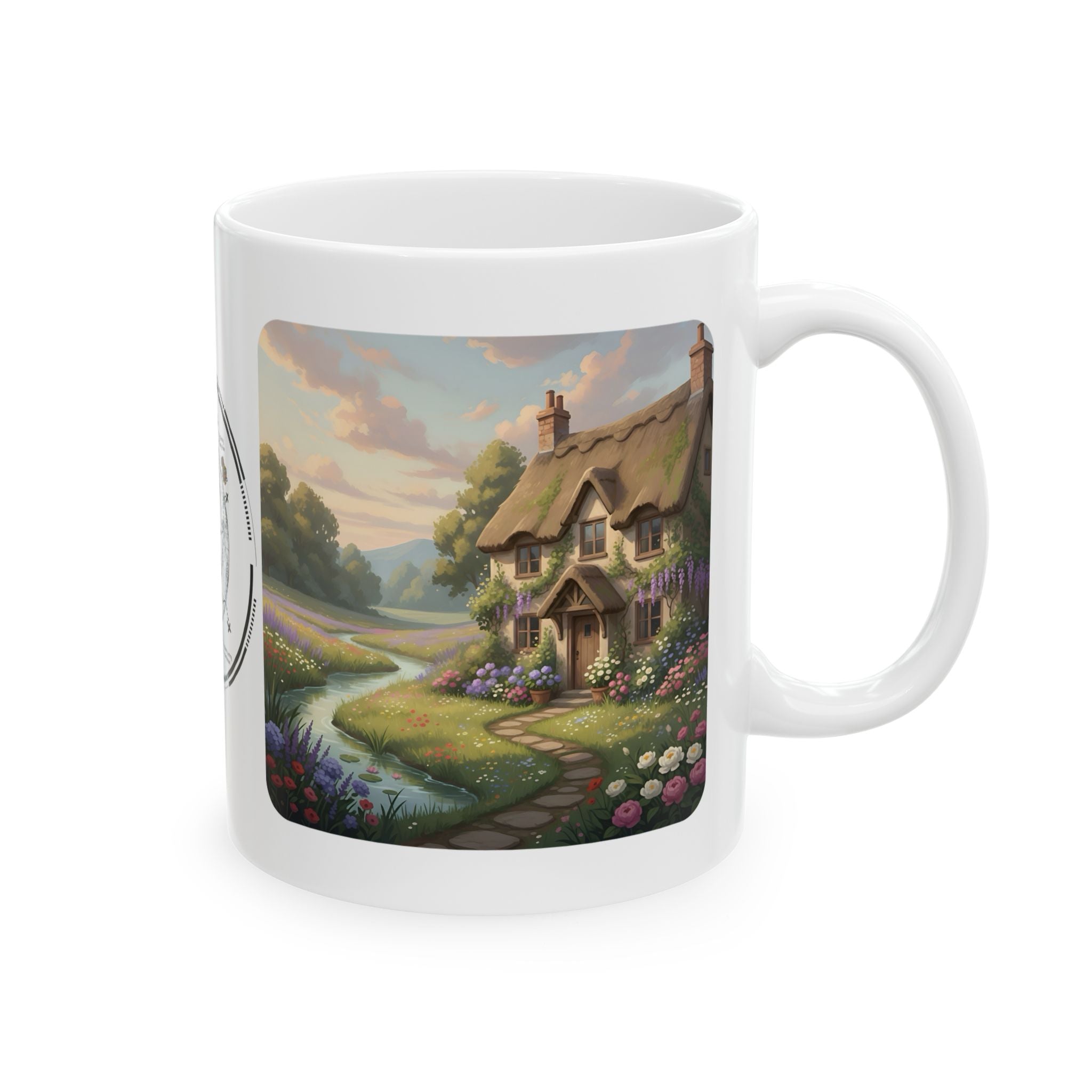 Dreamy Storybook Floral Cottage White Ceramic Mug — Vintage World Map, RV Camping Oasis, & Van Life Panorama Cup (11oz/15oz)