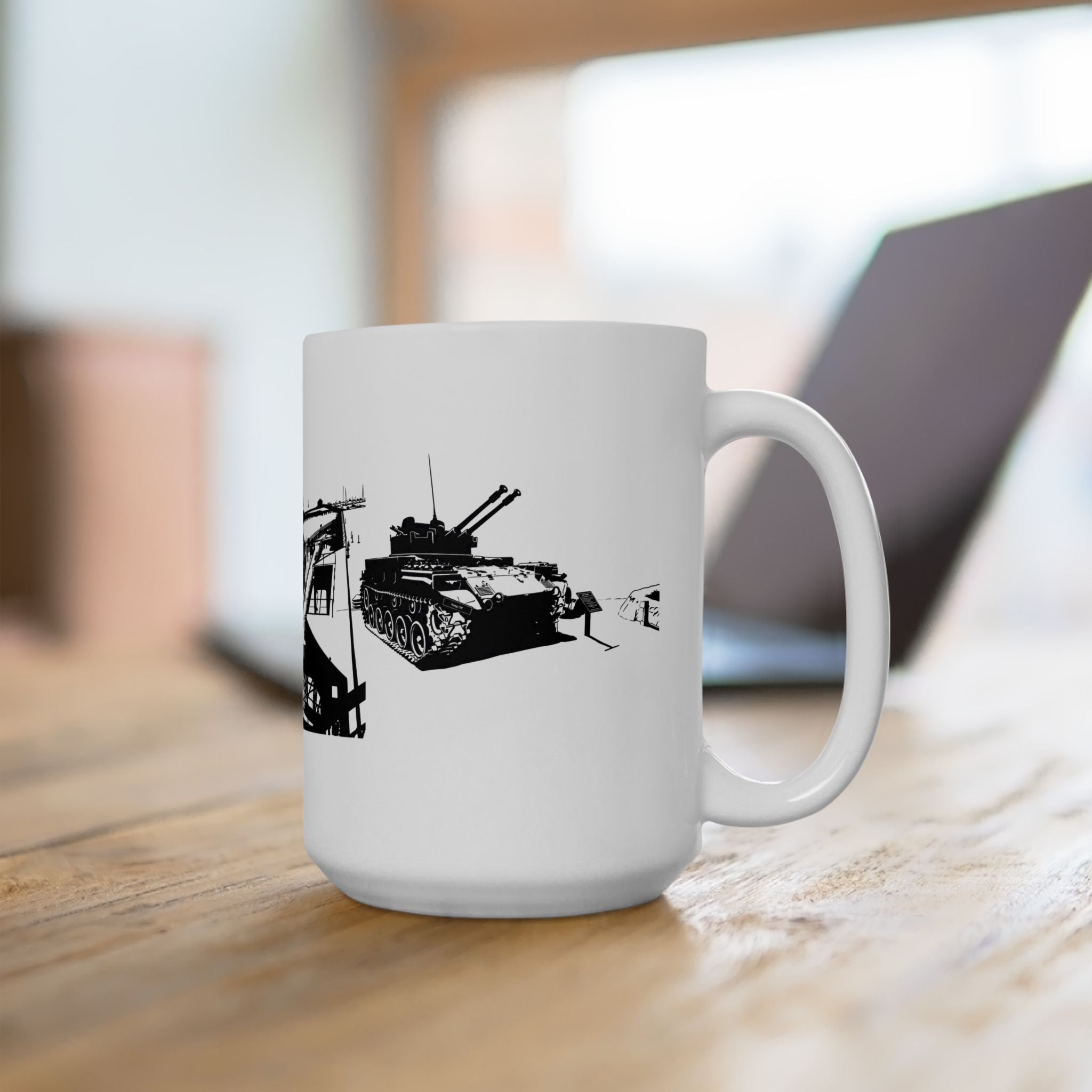 Harbor Panorama White Ceramic Mug — Black & White Maritime Port Cup (11oz, 15oz)