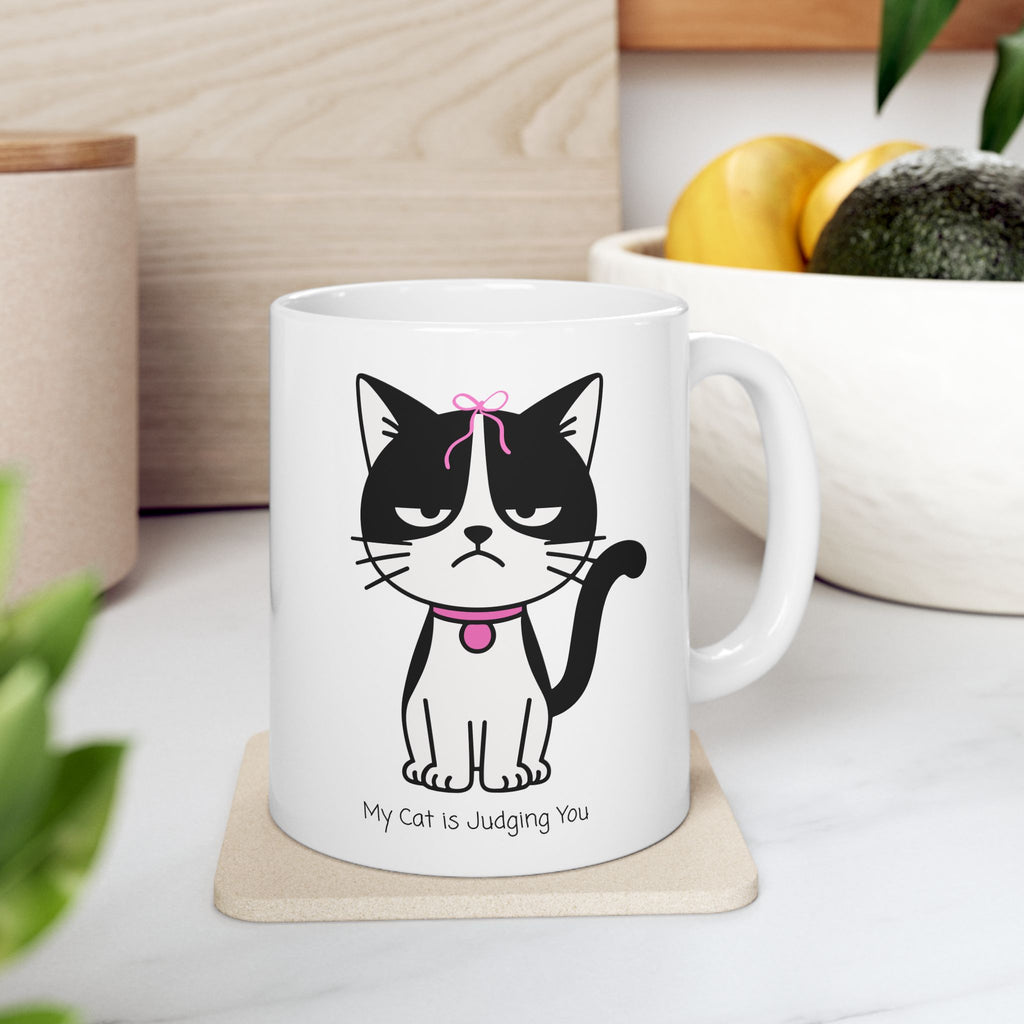 My Cat Is Judging You White Ceramic Mug — Cute Black & White Kitty Stare Down Tea Cup (11oz/15oz)