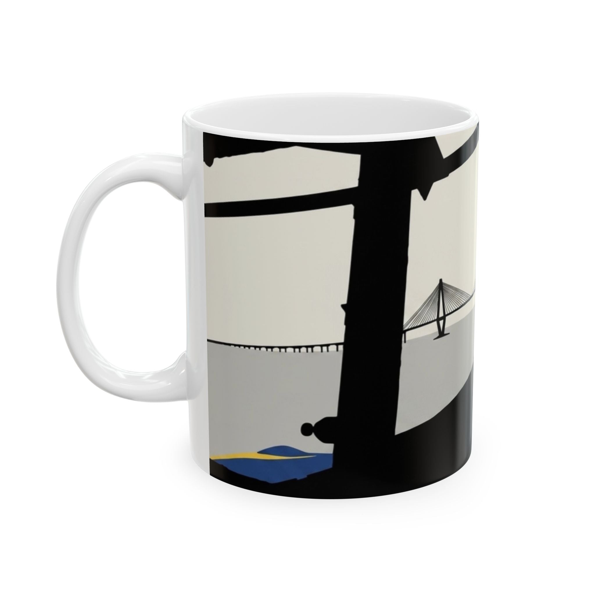 City Bridge Silhouette Scenic White Ceramic Mug – Waterfront Battleship View Cup (11 oz, 15 oz)