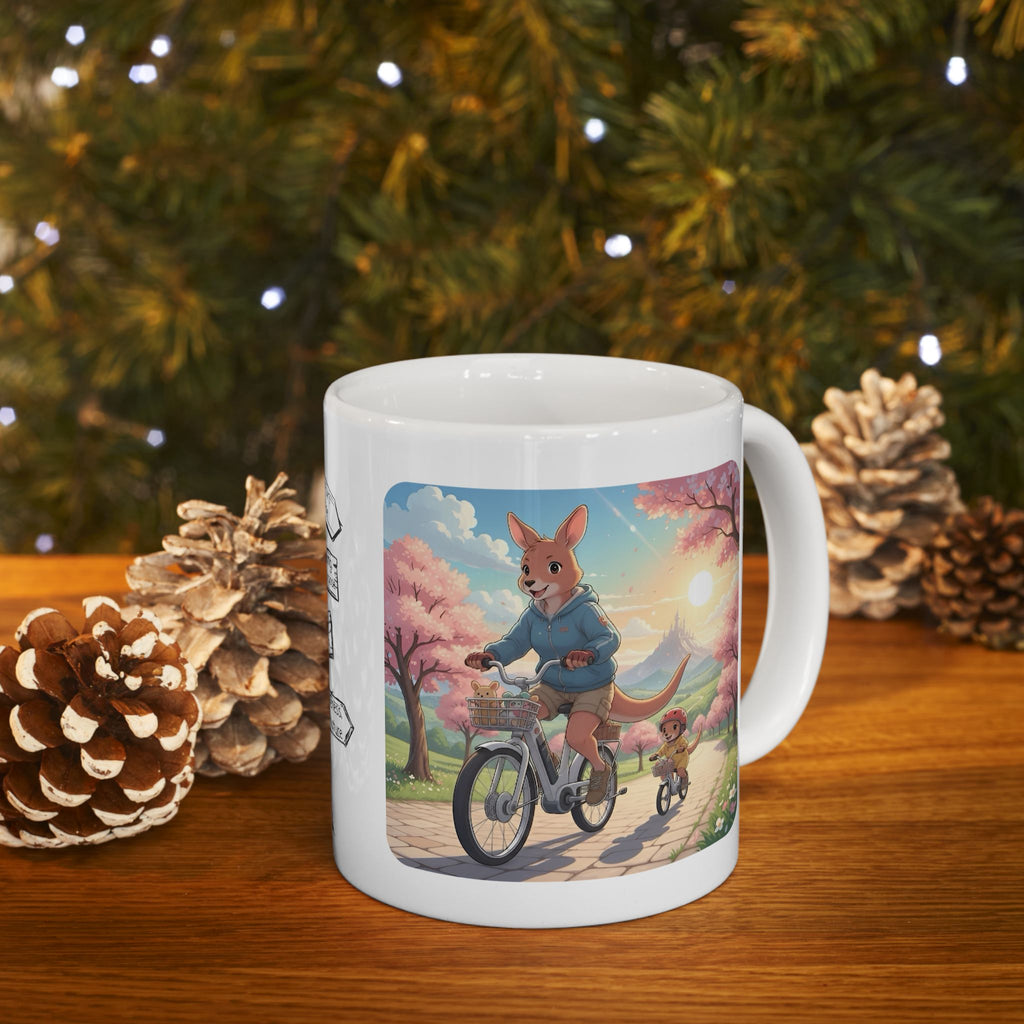 Too Cute to Handle!  Kangaroo Mom & Joey Biking Under Cherry Blossoms White Ceramic Mug — Mommy & Me Anime Bike Adventure Cup for Happy Sips, 11oz & 15oz