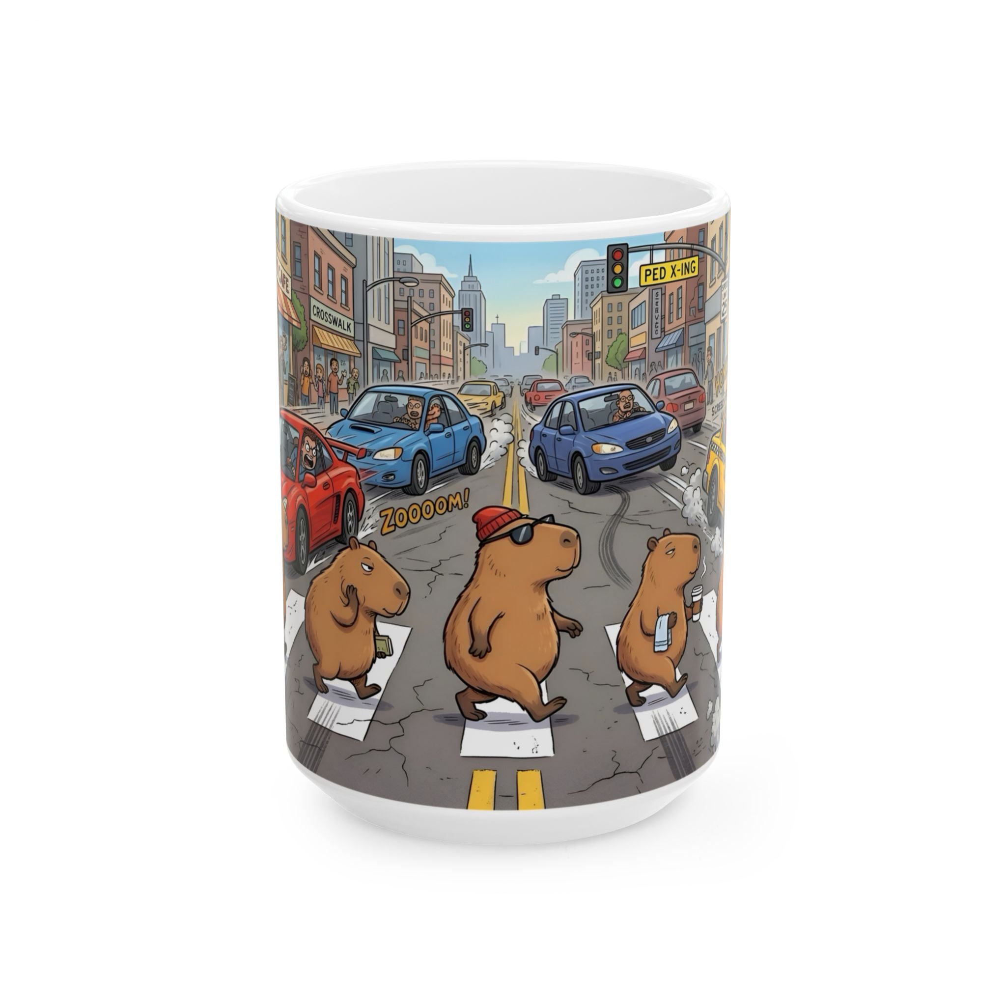 Capybara Abbey Road White Ceramic Mug – Funny Rodent Band Tea Cup (11oz & 15oz)