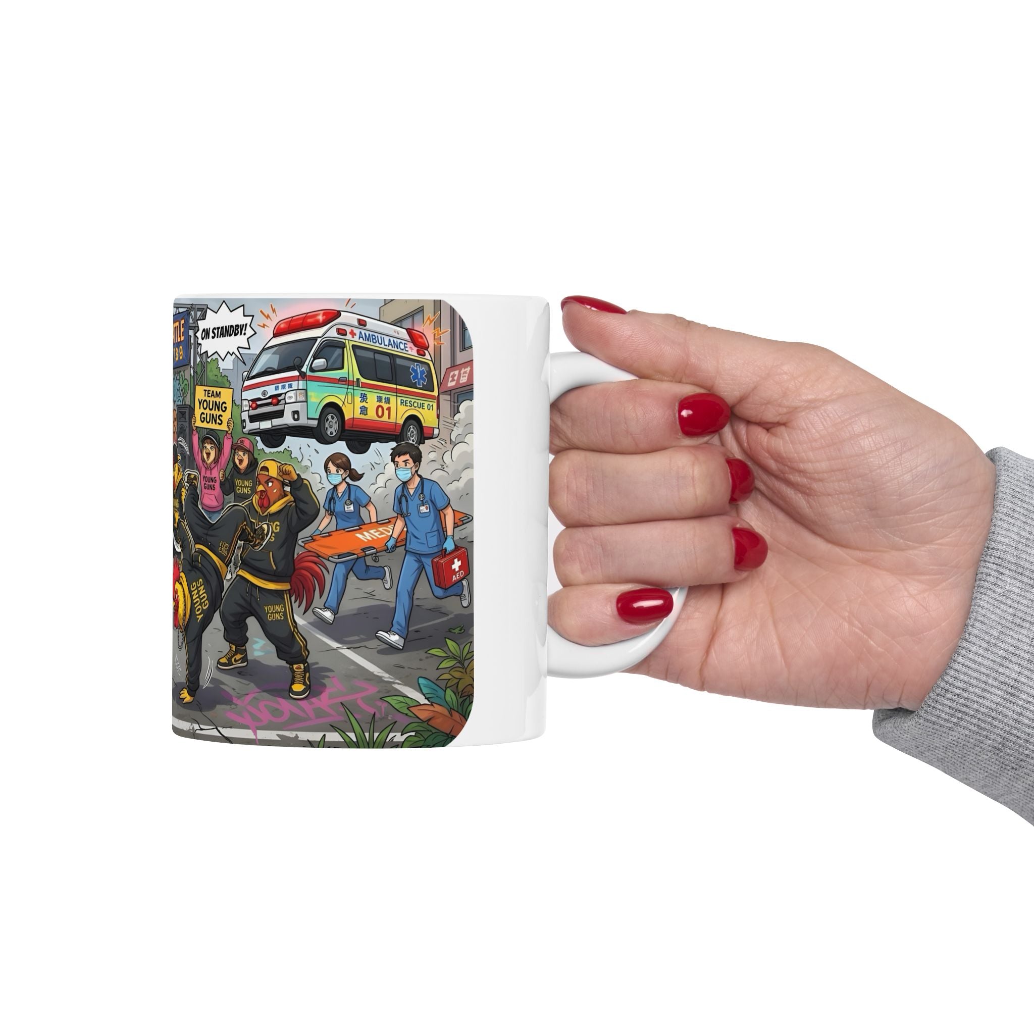 Chicken Dance Battle White Ceramic Mug (11oz, 15oz) — Funny Rooster Street Dance Cup