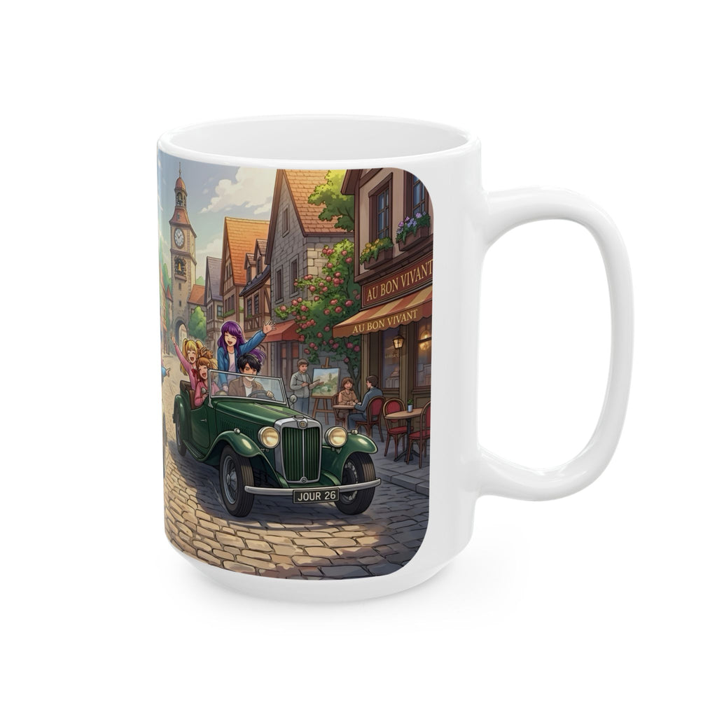 Vintage Village Roadtrip #1 White Ceramic Mug — Classic Cars & Happy Town Friends Cup (11oz, 15oz)