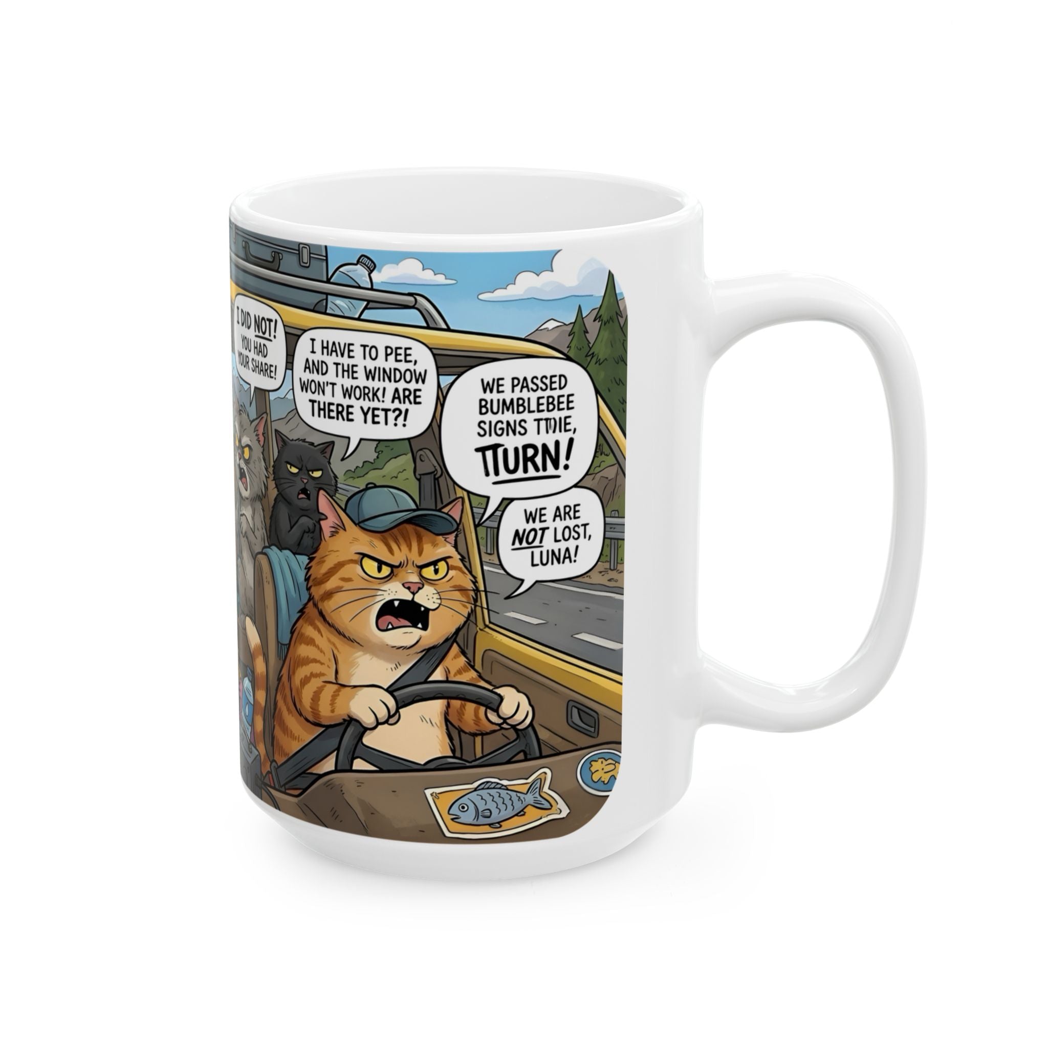 Funny Cat Road Trip White Ceramic Mug — Catnip Kitties Arguing Over Snacks Cup (11oz/15oz)