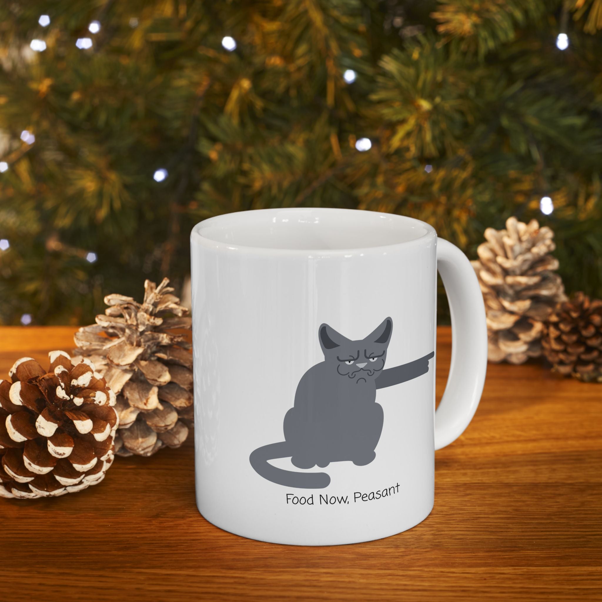 Funny "Food Now, Peasant" Stooshe Cat White Ceramic Mug – Cute Gray Papa Grumps Kitty Cup (11oz & 15oz)
