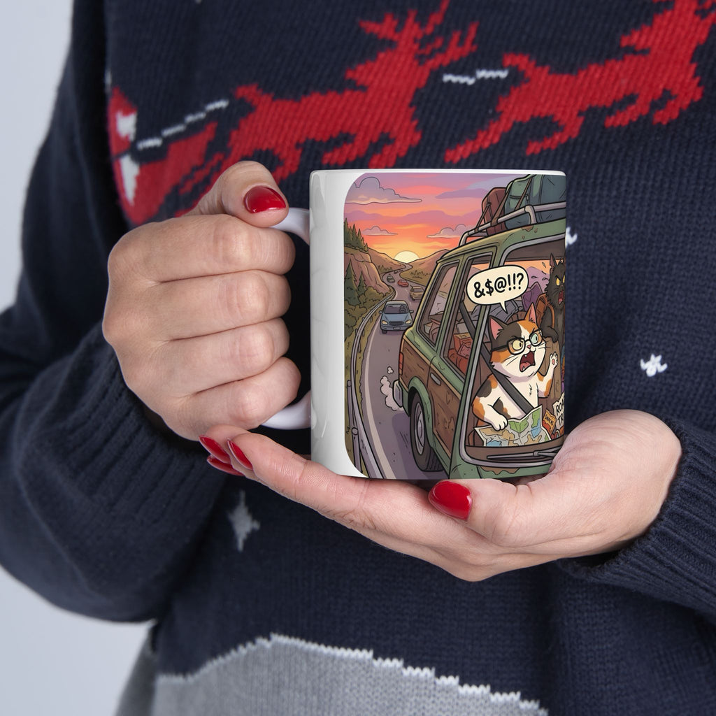 Squabbling Cats On A Road Trip White Ceramic Mug (11oz/15oz), Funny Cat'n Get Along Cup