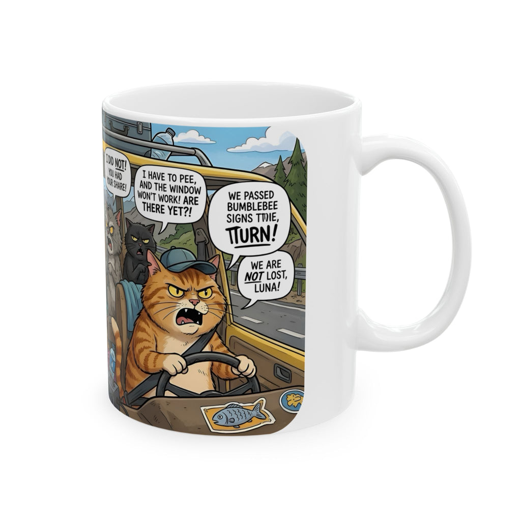 Funny Cat Road Trip White Ceramic Mug — Catnip Kitties Arguing Over Snacks Cup (11oz/15oz)