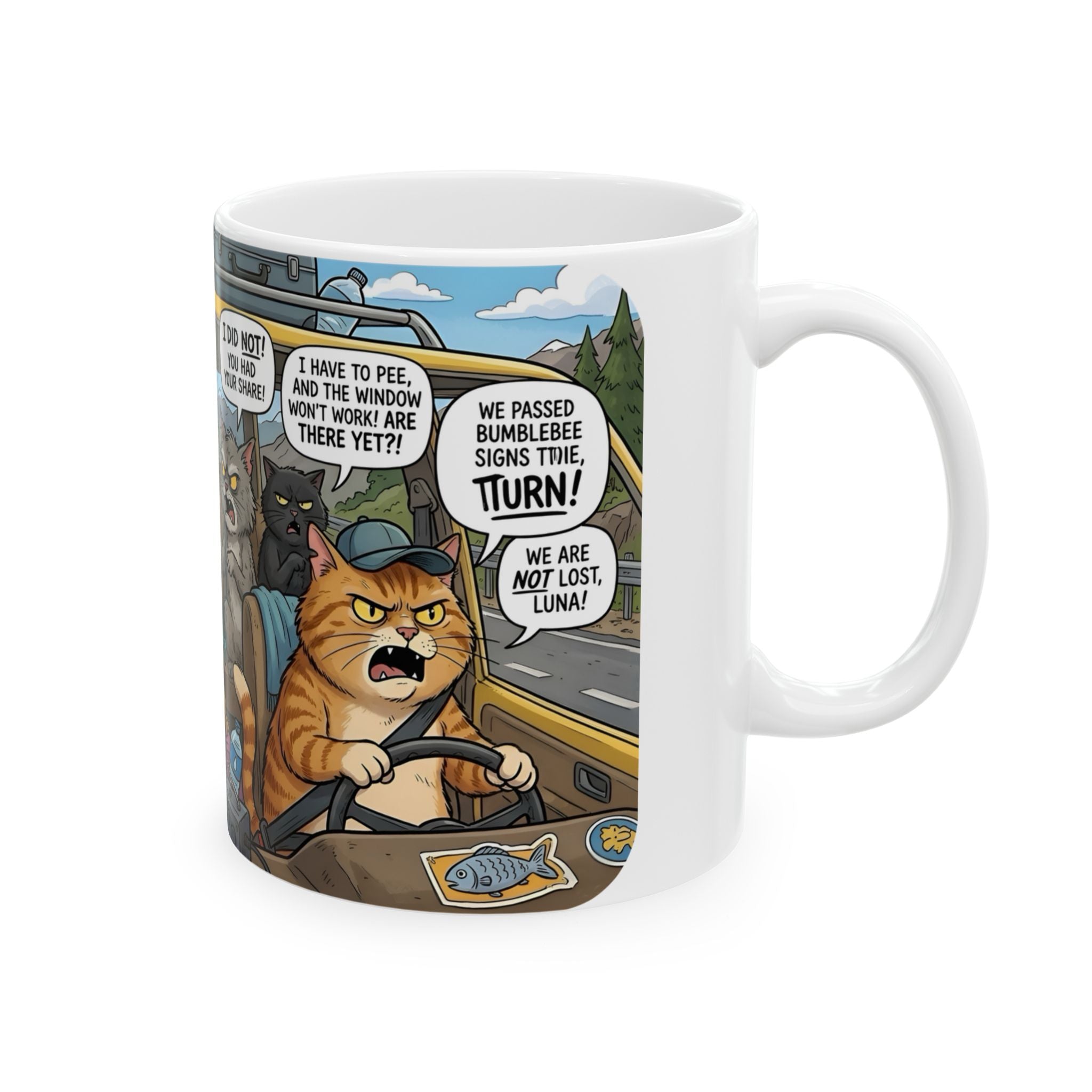 Funny Cat Road Trip White Ceramic Mug — Catnip Kitties Arguing Over Snacks Cup (11oz/15oz)