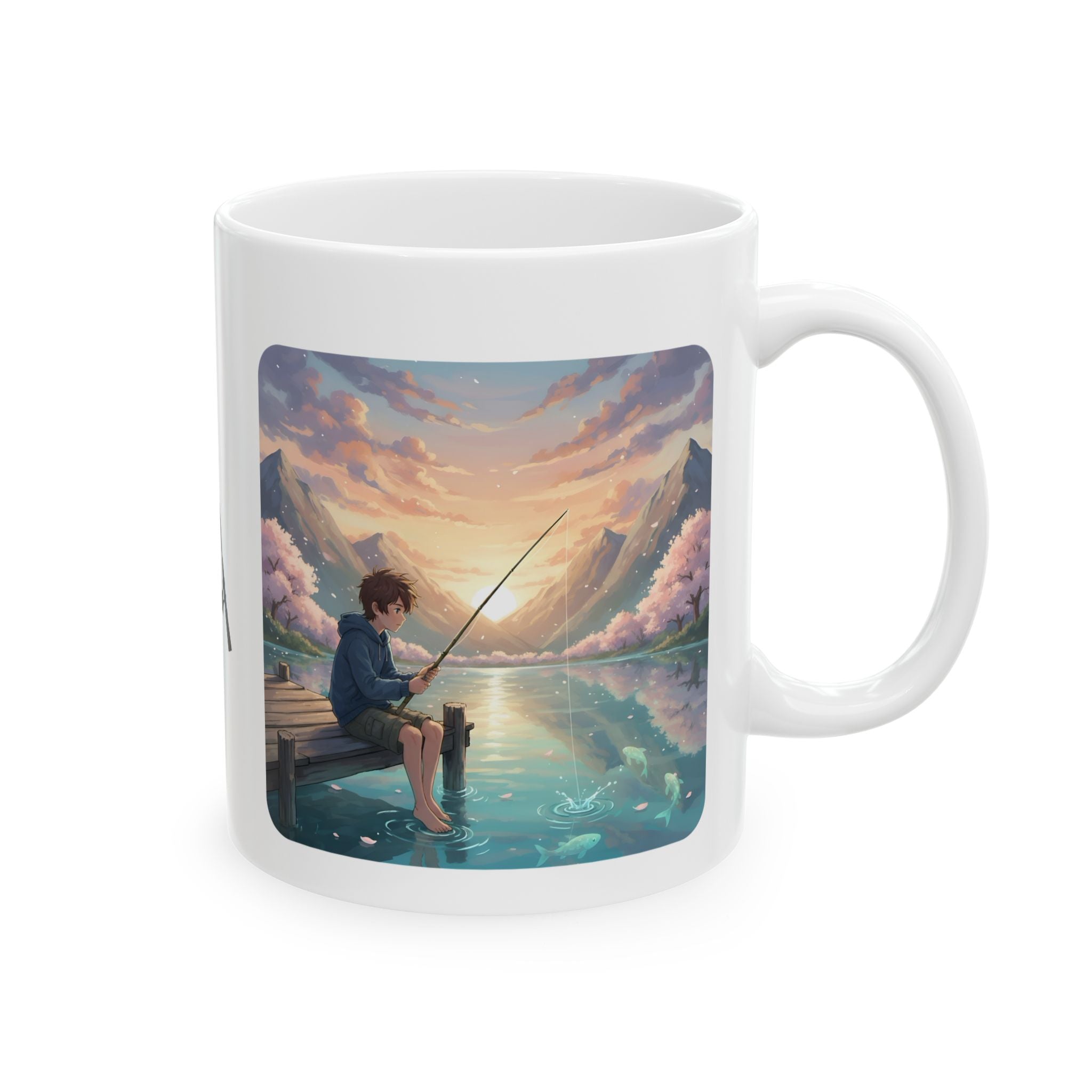 Boy Fishing at Sunset on Lakefront Pier White Ceramic Mug, Mountain View Cherry Blossom Serenity Cup (11oz, 15oz)