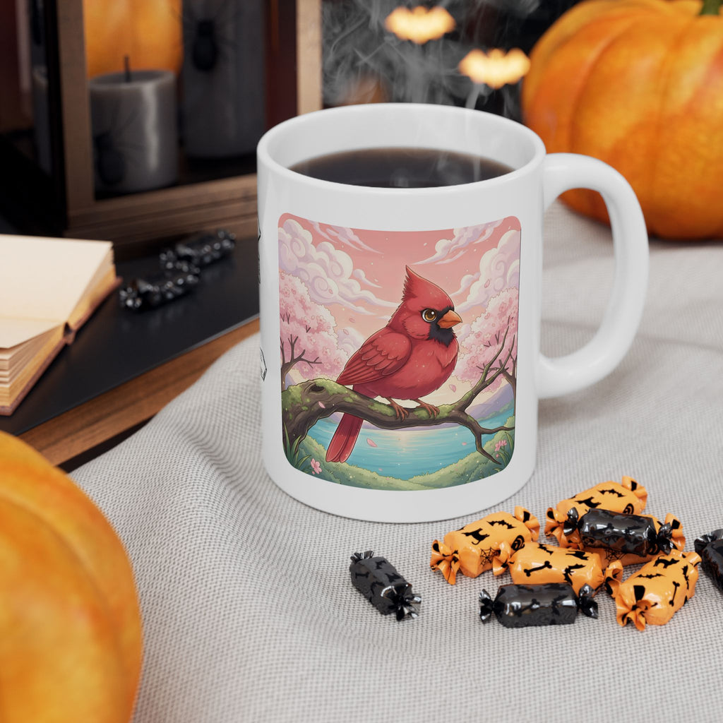 Kawaii Red Cardinal Quiet Moments White Ceramic Mug in Sakura Japan, Cozy Sakura Serenity Japanese Cherry Blossom Landscape Cup, 11oz & 15oz