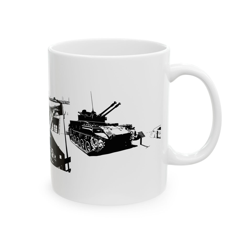 Harbor Panorama White Ceramic Mug — Black & White Maritime Port Cup (11oz, 15oz)