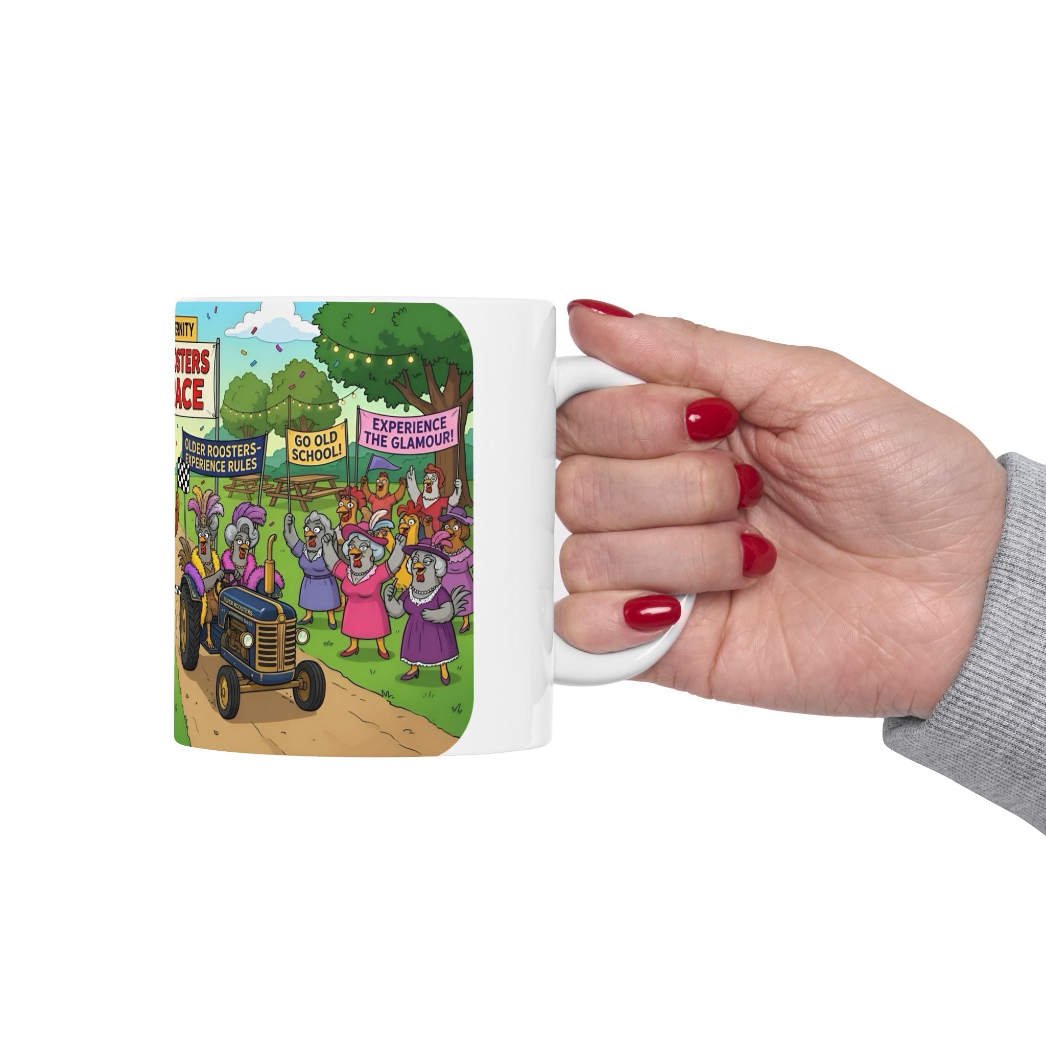Hens & Roosters Drag Race White Ceramic Mug — Funny Farm Fraternity Racing Tea Cup (11oz/15oz)