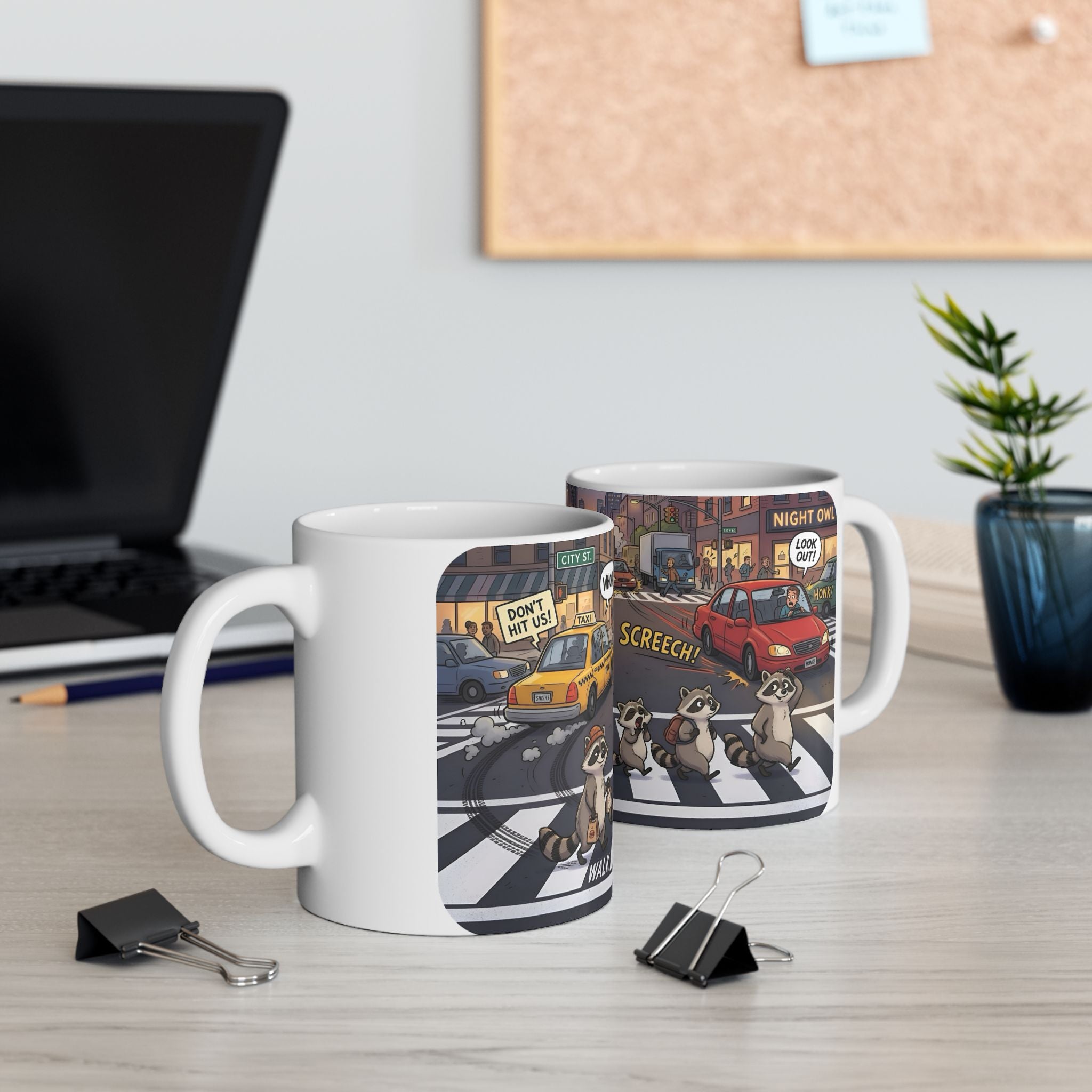 Raccoon Crosswalk White Ceramic Mug (11oz/15oz) – Cute Urban Wildlife Tea Cup