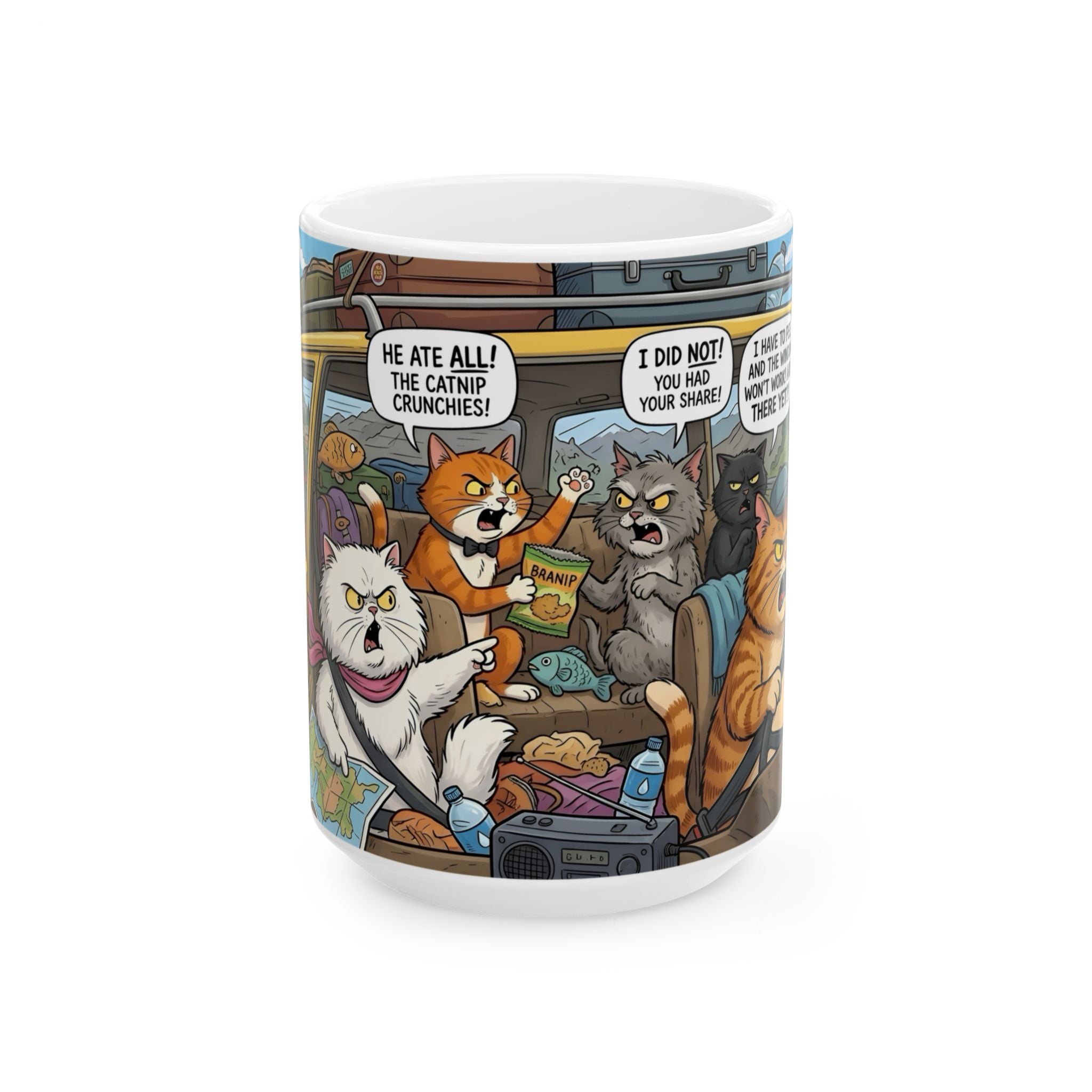 Funny Cat Road Trip White Ceramic Mug — Catnip Kitties Arguing Over Snacks Cup (11oz/15oz)