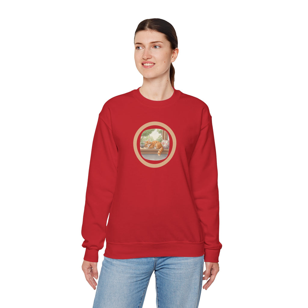 Cozy Window Cat Crewneck Sweatshirt — Relaxing Cat Napping Sweater