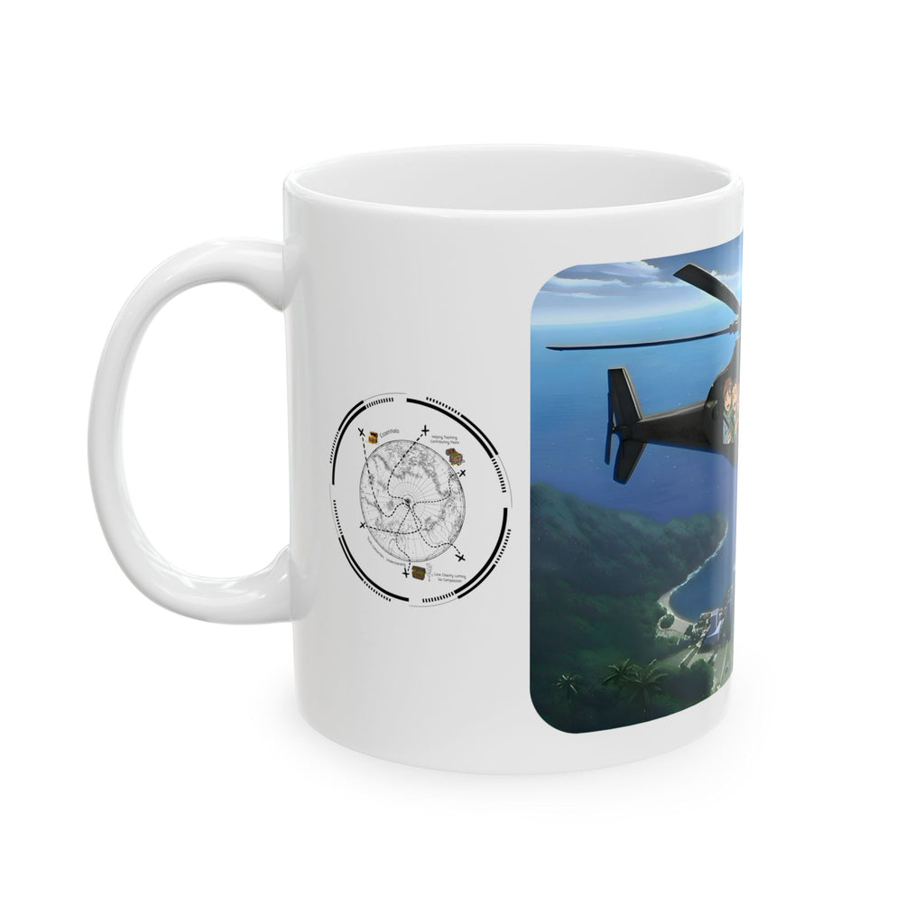 Anime Helicopter Adventure #7 Kawaii Kittens Over Tropical Beachy Metro White Ceramic Mug – Celebrating Companionship, Creativity & Life’s Little Wonders Cup (11oz/15oz)