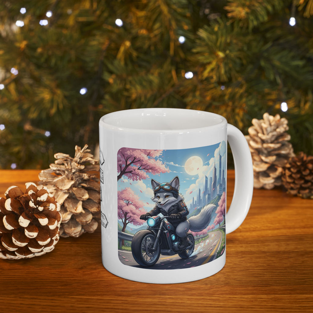 Kawaii Gray Fox Biker Wild & Free White Ceramic Mug — Sip & Ride Fox Moto Joy Cup, 11oz & 15oz